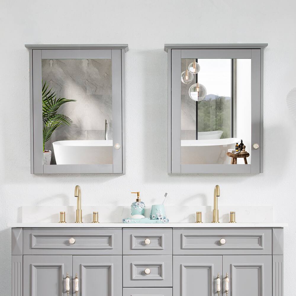Alt View 5. WELLFOR - 24 in. W x 30 in. H Rectangular Solid Wood Frame Surface Mount Medicine Cabinet with Mirror and Soft Close Door - Gray.