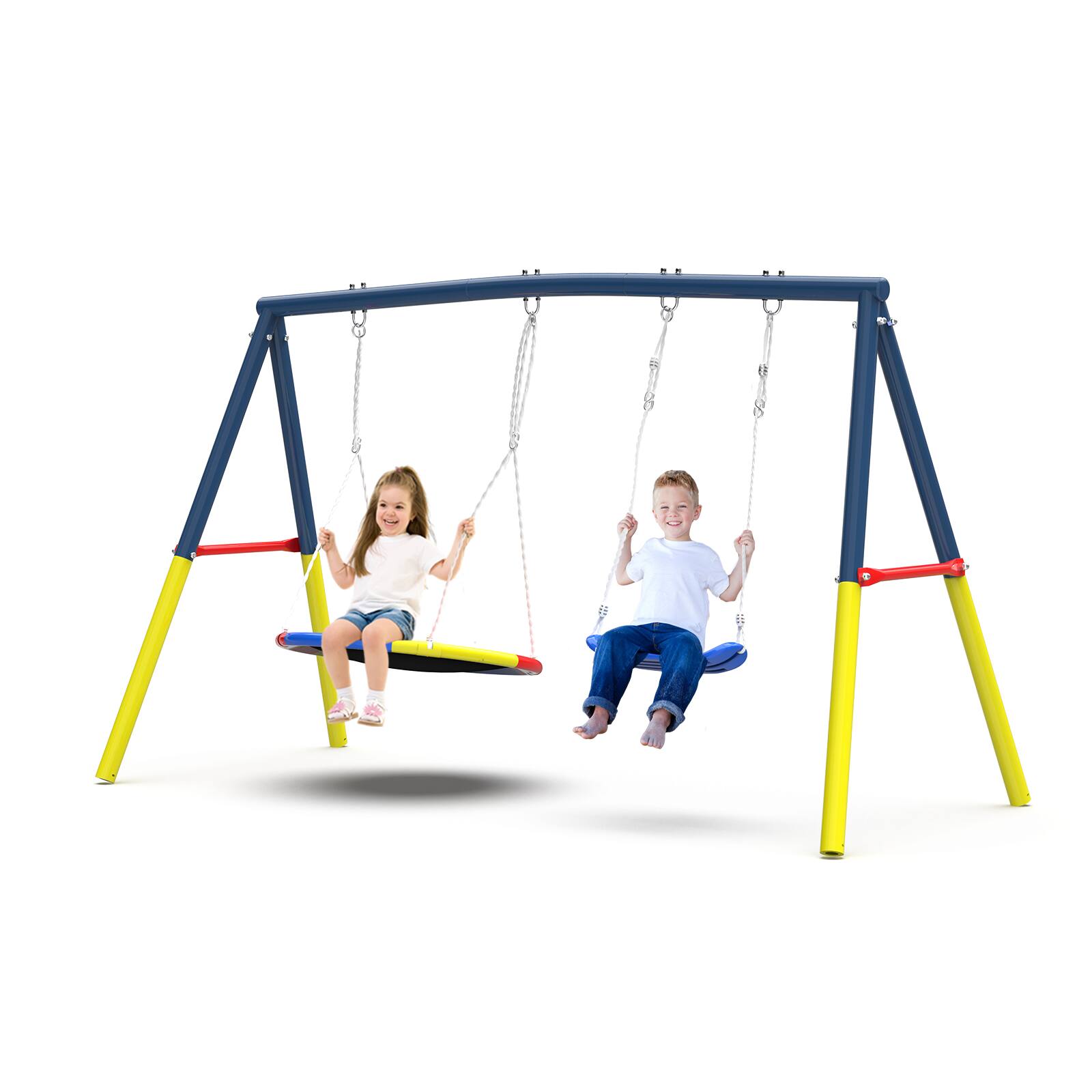 Angle. Siljoy - Double Swing Set, 330lb Capacity, Saucer & Belt Seats, A‑Frame Metal Stand, ASTM Certified, for Backyard - Blue.