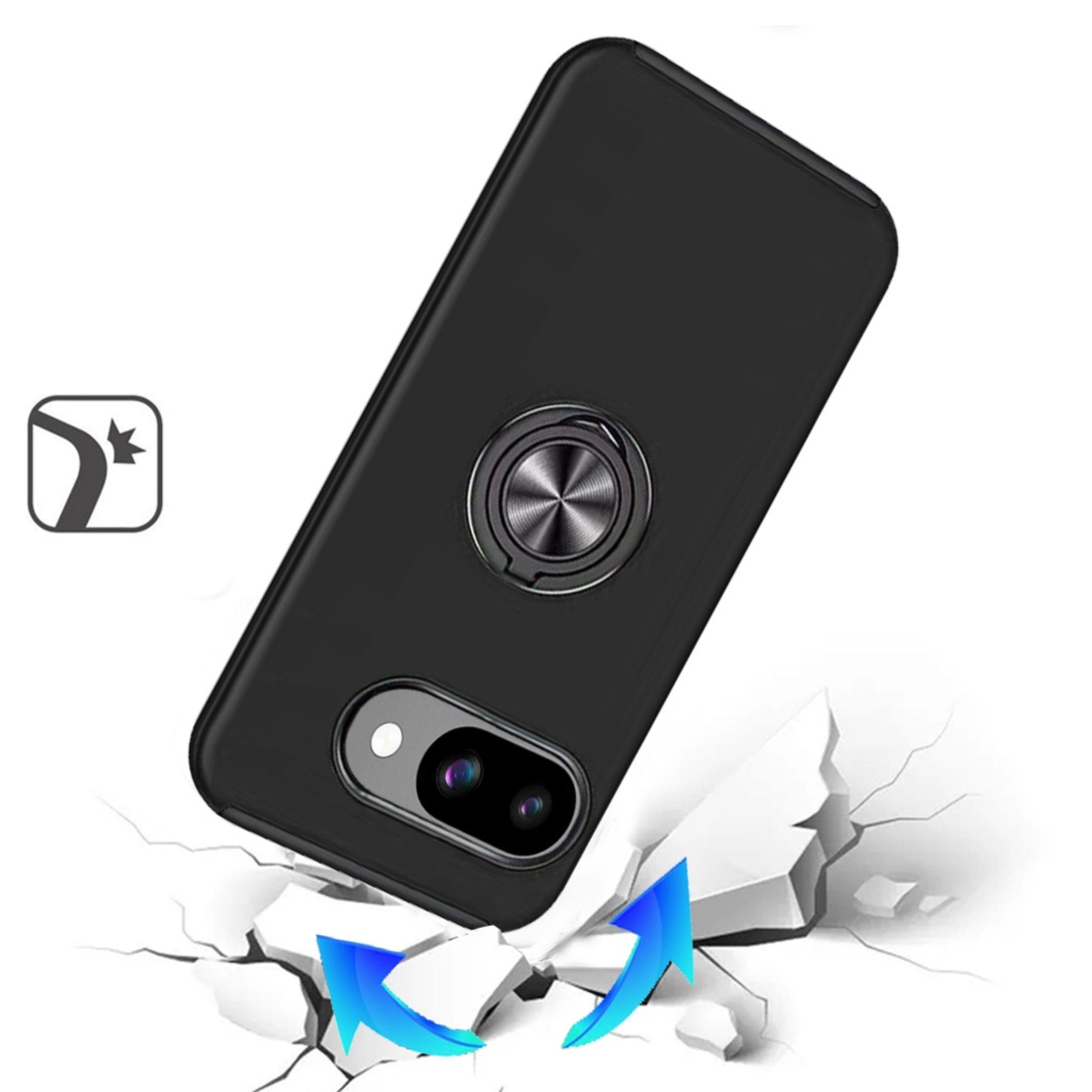 Left. Kitcheniva - Rubber Dual Layer Phone Case Magnetic Ring Stand With Tempered Glass For Google Pixel 10a Black - Black.