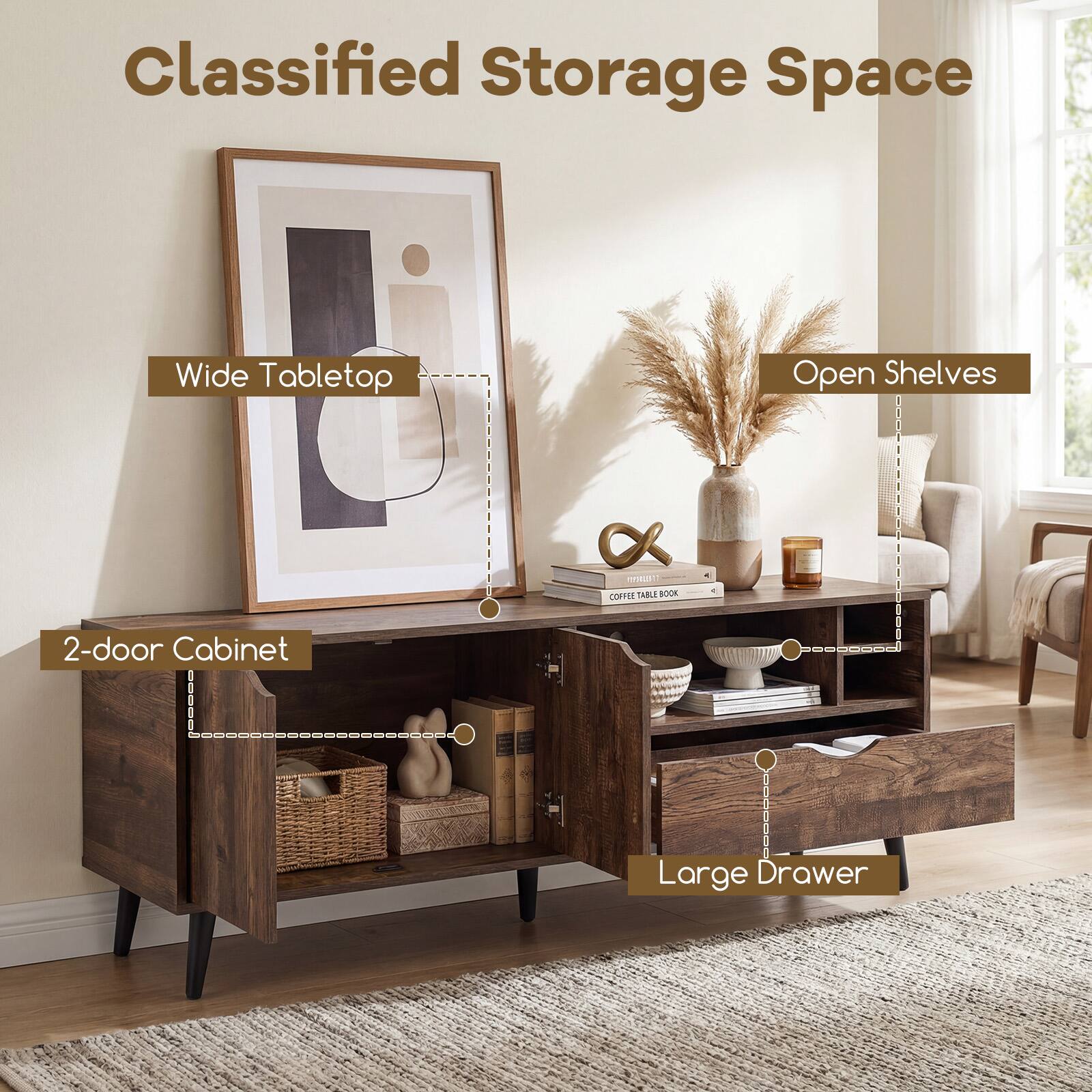 Classified Storage Space  
Wide Tabletop  
Open Shelves  
COFFEE TABLE BOOK  
2-door Cabinet  
Large Drawer