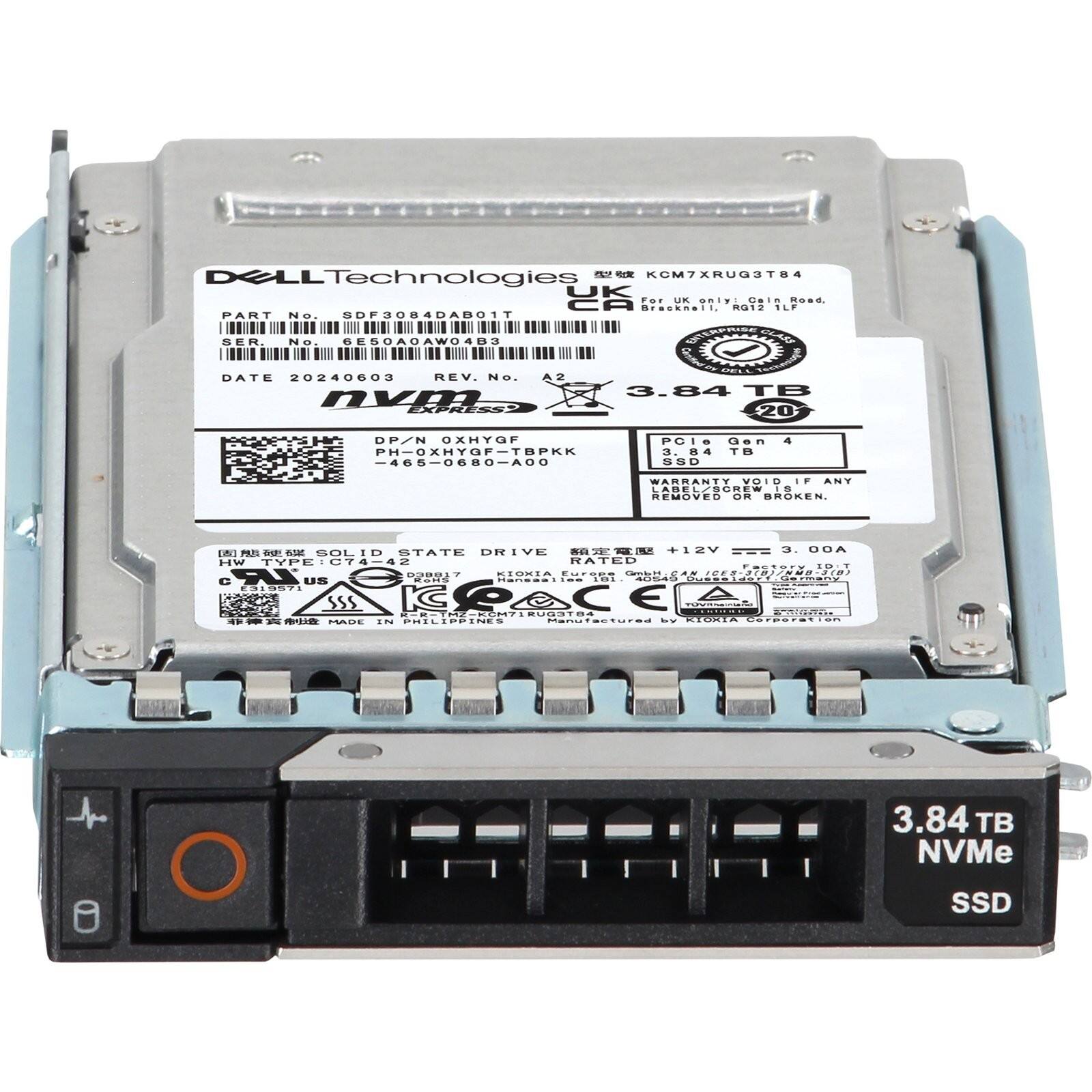 DELL Technologies UK  
PART NO. SDF3084DAB01T  
SER. No. SESOAOAW04D3  
DATE 20240603  
REV. NO. 2  
3.84 TB  
DP/N XHYGF  
PH-OXHYGF-TBPKK-465-0680-A00  
PCIe Gen 4  
3.84 TB NVMe SSD  

WARRANTY VOID IF ANY LABELS REMOVED OR BROKEN  

SOLID STATE DRIVE  
+12V 3.00A  

MADE IN PHILIPPINES  

3.84 TB NVMe SSD