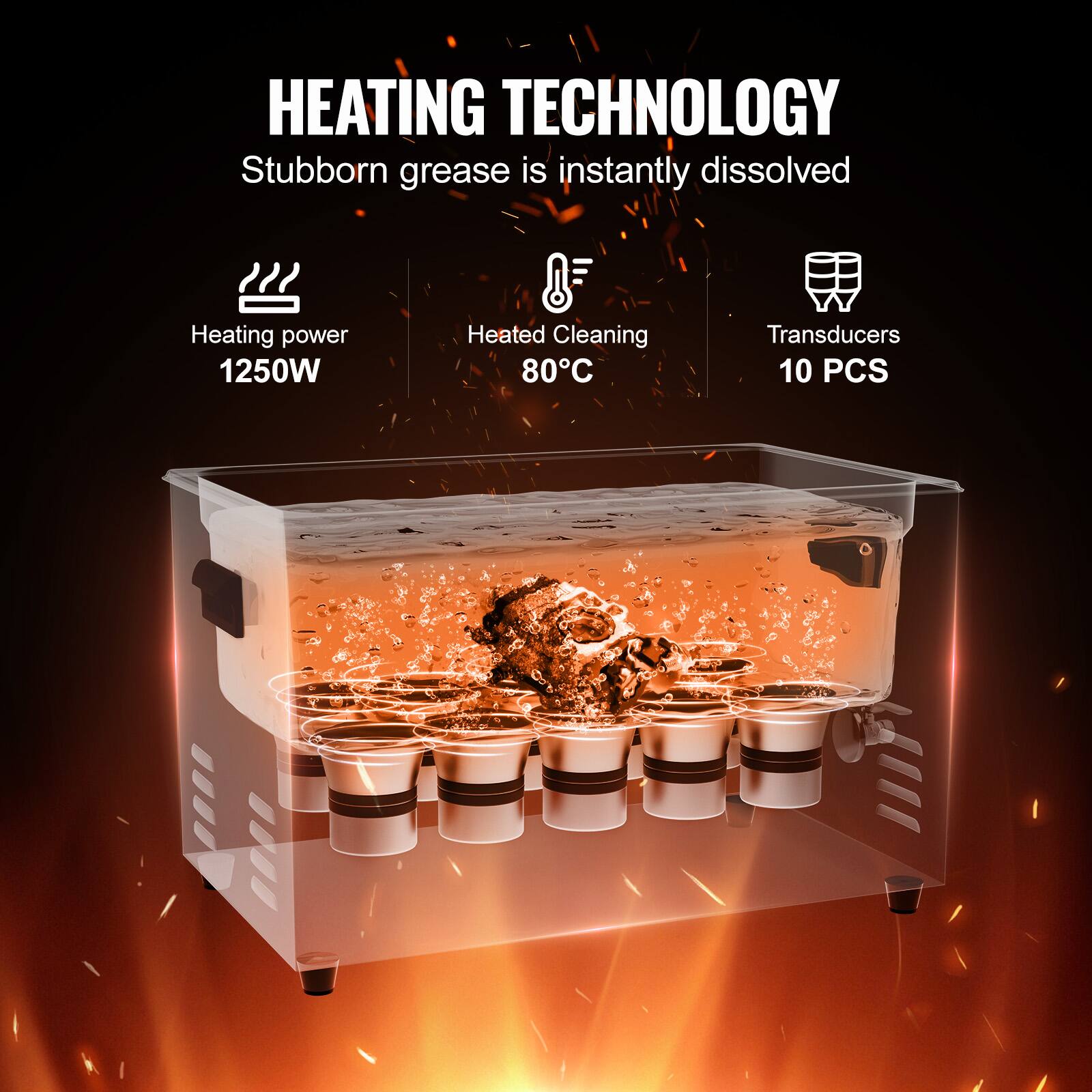 HEATING TECHNOLOGY  
Stubborn grease is instantly dissolved  

Heating power 1250W  
Heated Cleaning 80°C  
Transducers 10 PCS