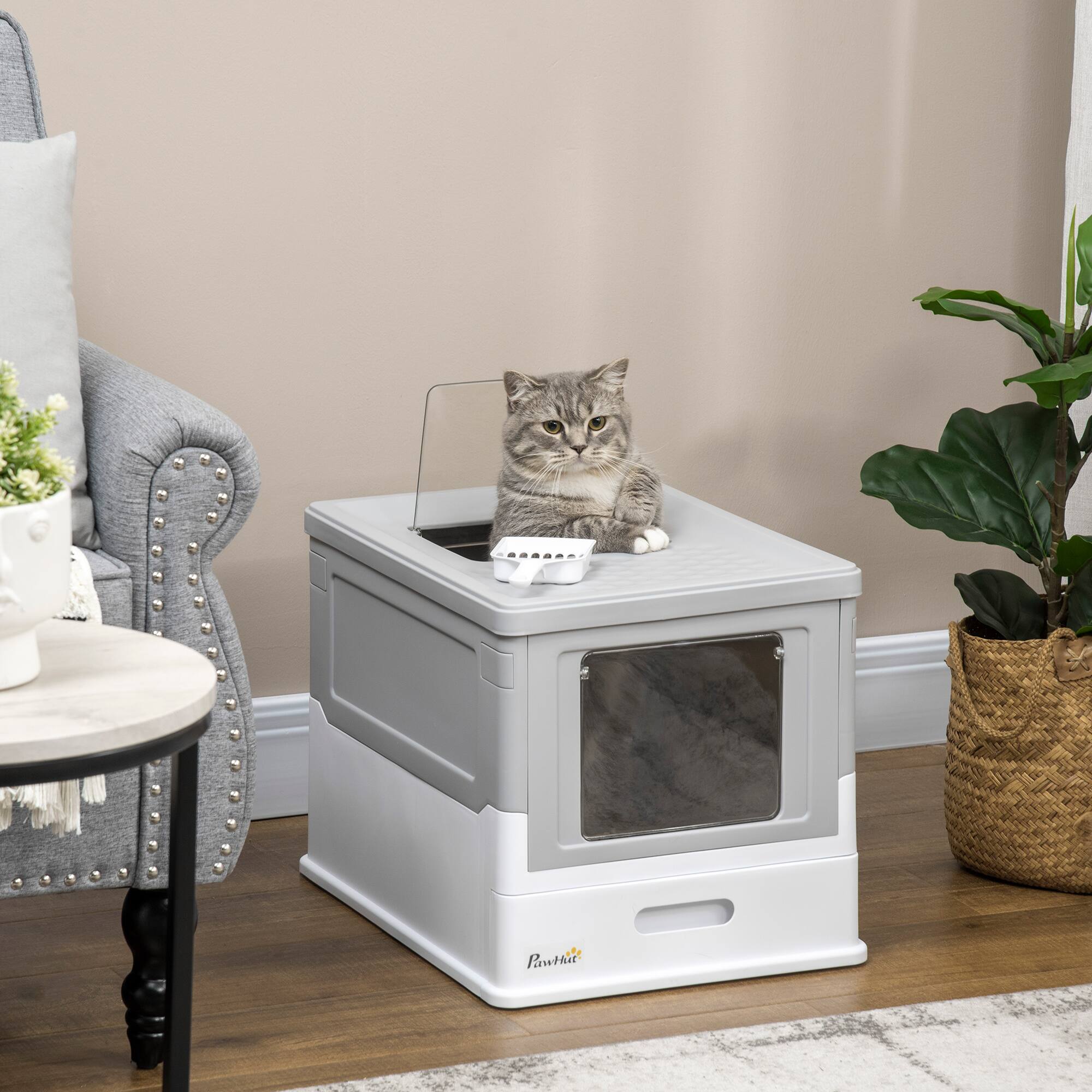 Angle. Pawhut - Fully Enclosed Cat Litter Box with Scoop, Hooded, Drawer Tray, Foldable, Smell Proof, Portable Pet Toilet - Gray.