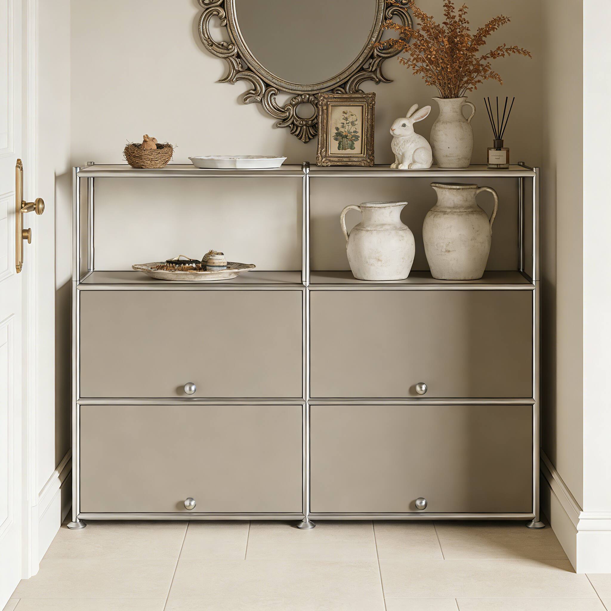 Left. Malletson - Modular Metal Sideboard Buffet Storage Cabinet with Open Shelf, Modern Twin-Row Grid Cabinet for Dining or Living Room - Grey.