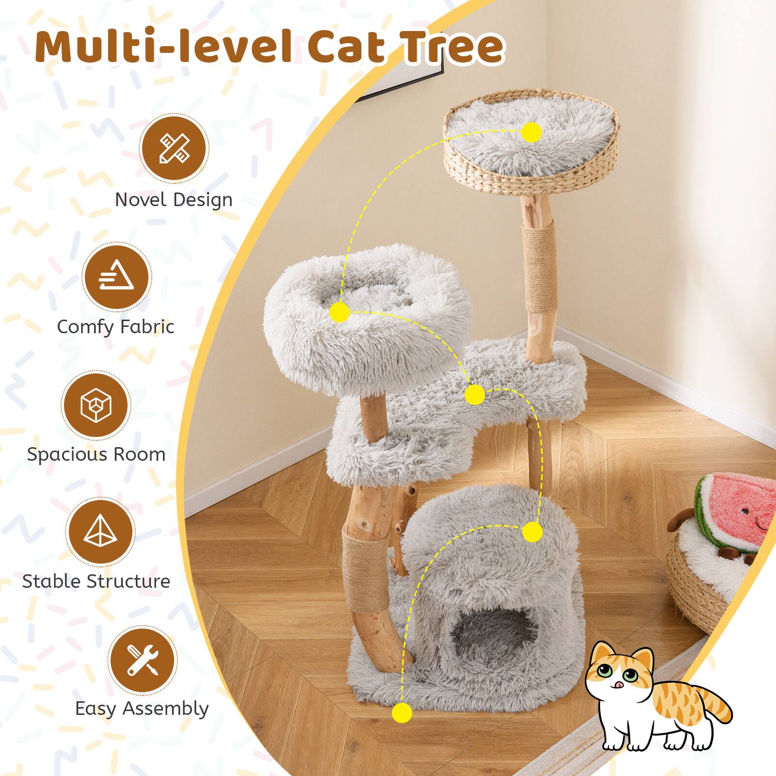 Multi-level Cat Tree

- Novel Design
- Comfy Fabric
- Spacious Room
- Stable Structure
- Easy Assembly