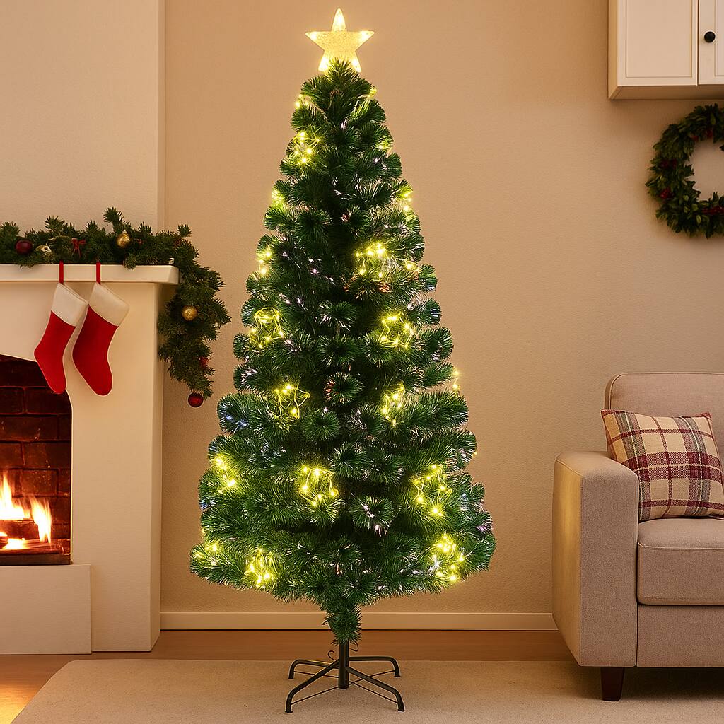 Angle. BreeBe - Artificial Prelit Christmas Tree with Top Star and Full Branch Tips - Green.