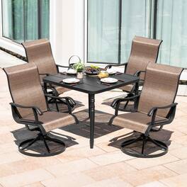 Nuu Garden - Patio 5PCS Metal Textilene Dining Set with Umbrella Hole and Swivel Chairs - Brown and Black