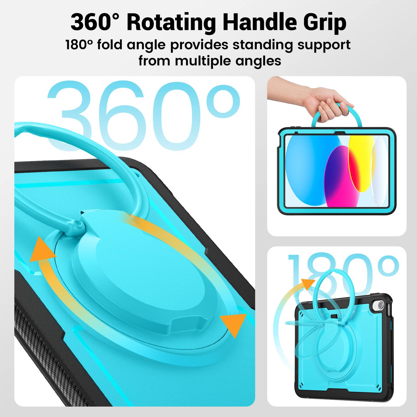 360° Rotating Handle Grip  
180° fold angle provides standing support from multiple angles