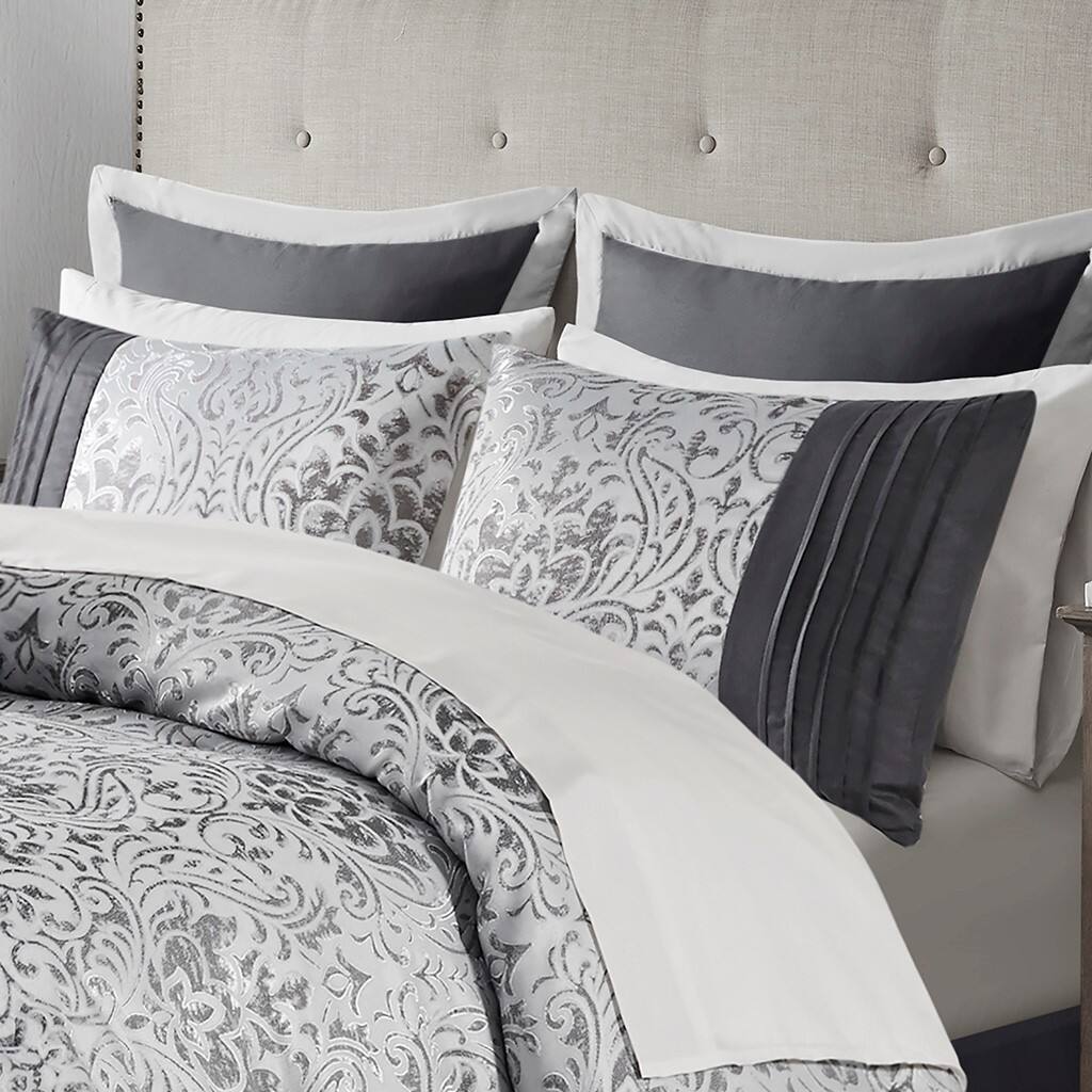 Alt View 1. Gracie Mills - Gracie Mills Belmont 12-PC Jacquard Comforter Set with Bed Sheets - Silver.