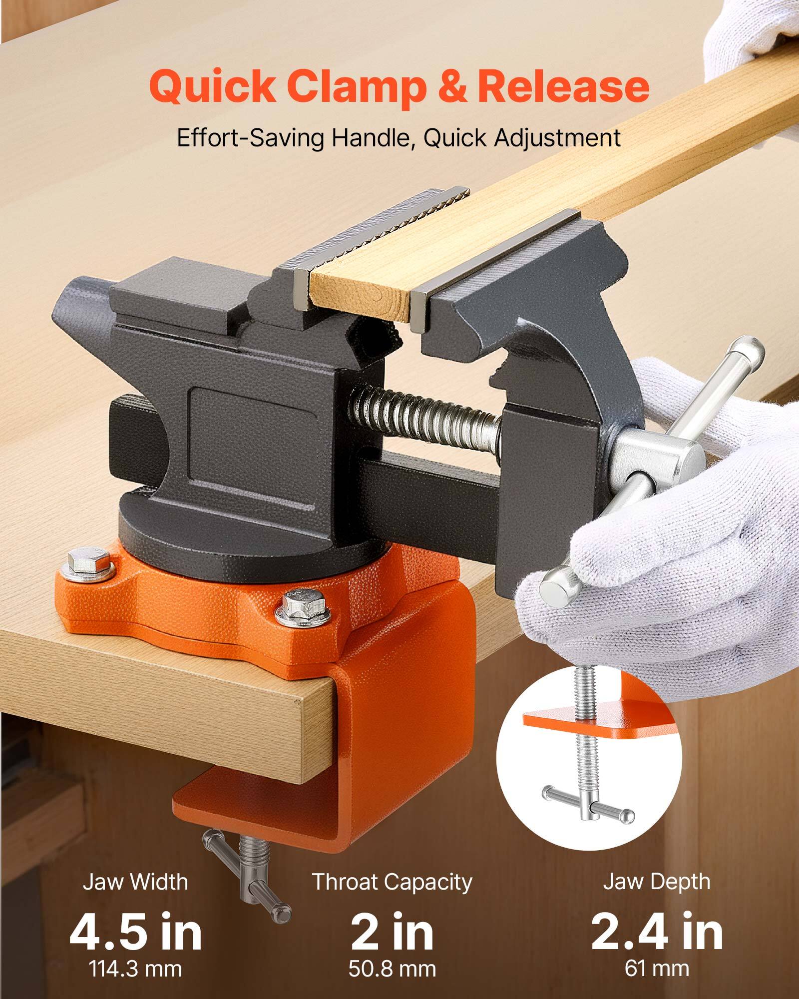 Quick Clamp & Release  
Effort-Saving Handle, Quick Adjustment  

Jaw Width: 4.5 in (114.3 mm)  
Throat Capacity: 2 in (50.8 mm)  
Jaw Depth: 2.4 in (61 mm)