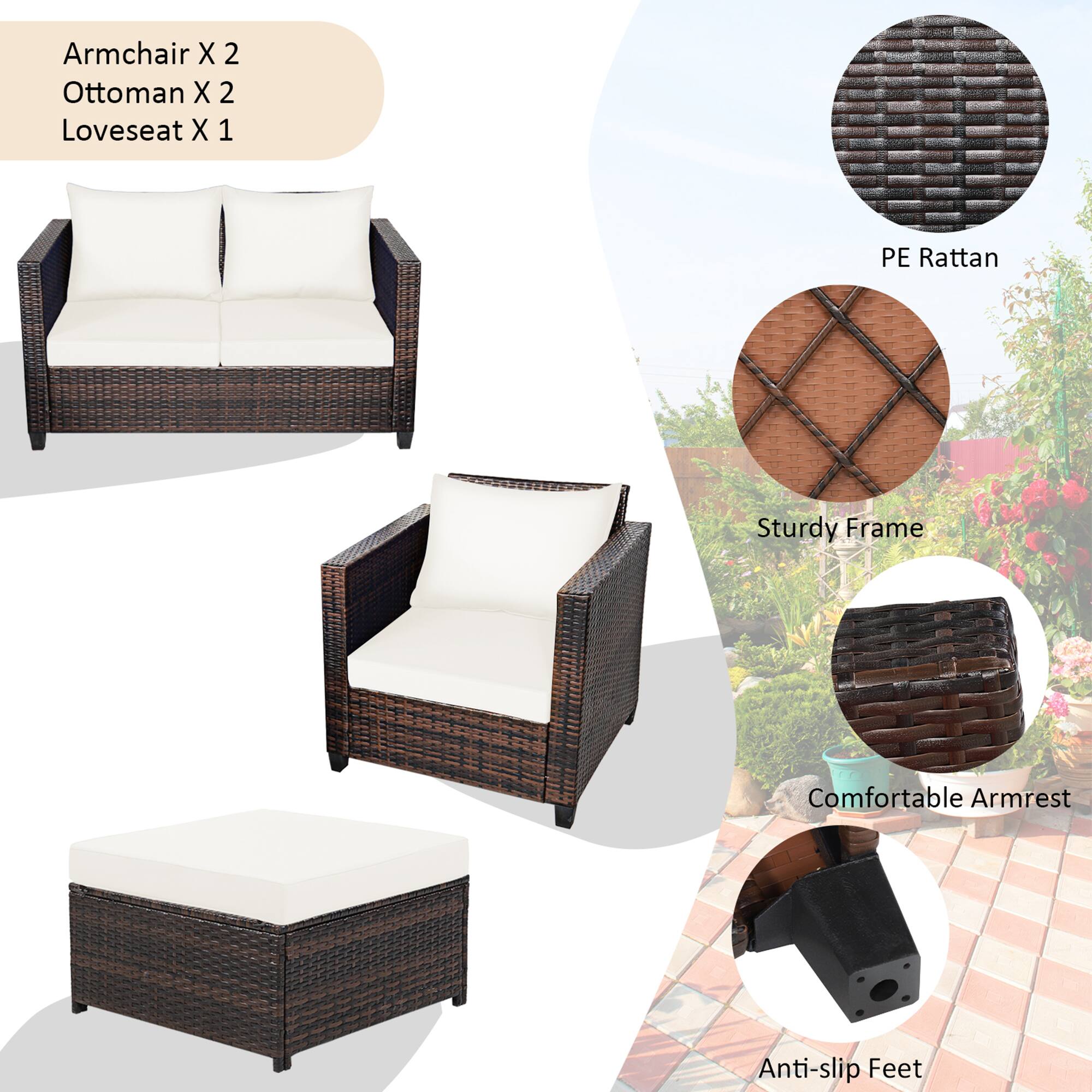 Armchair X 2  
Ottoman X 2  
Loveseat X 1  

PE Rattan  
Sturdy Frame  
Comfortable Armrest  
Anti-slip Feet