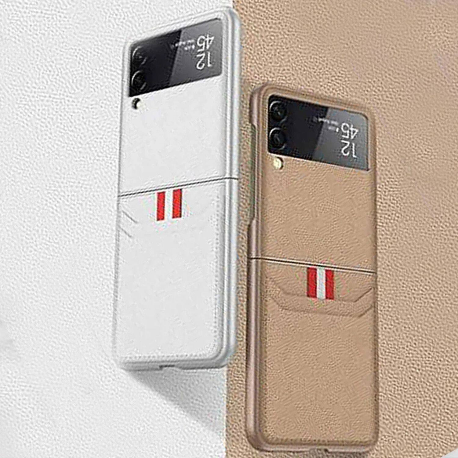 Angle. Stock Preferred - PU Leather Card Holder Folding Case for Samsung Galaxy Z Flip 3 5G, Shockproof Slim Cover - White.