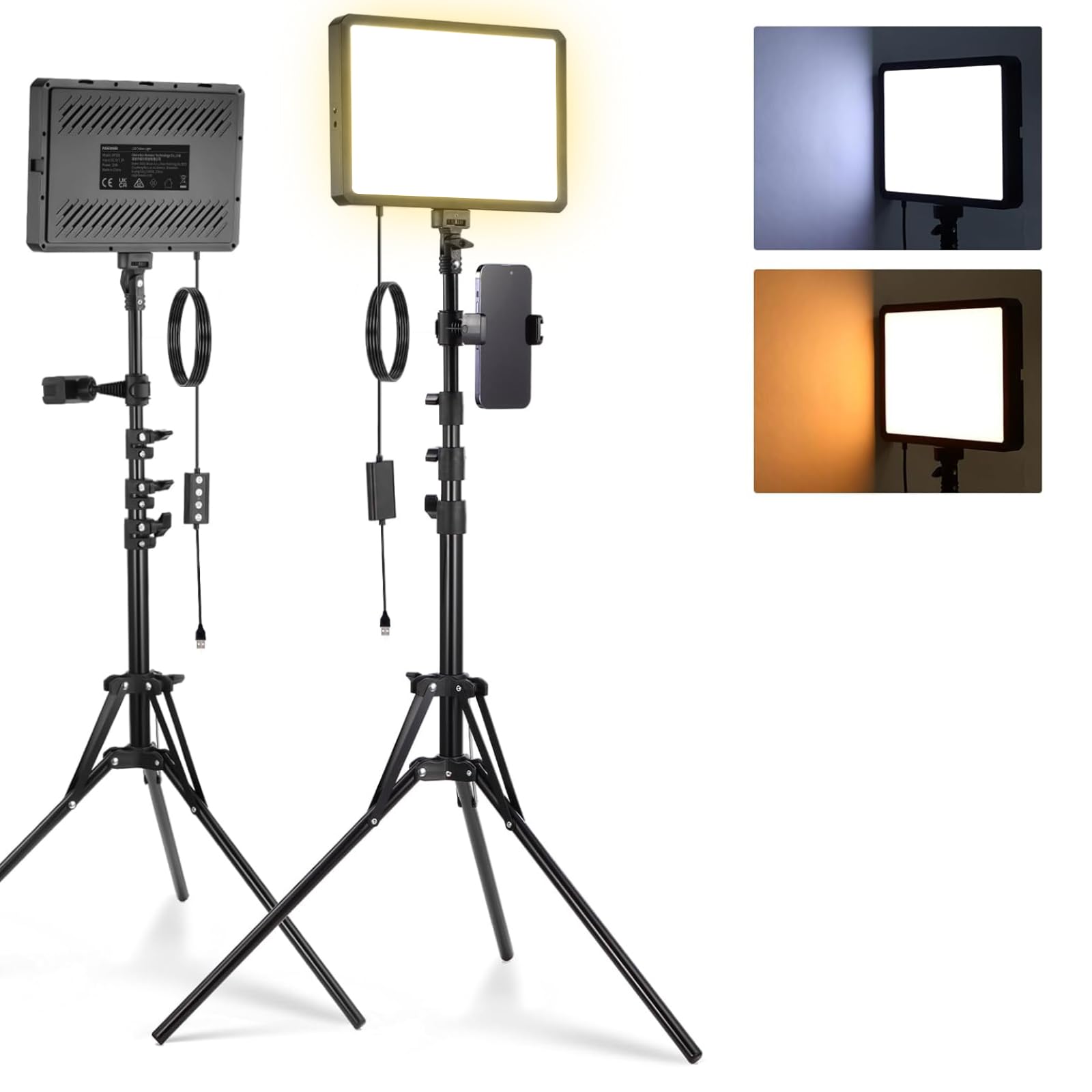 Front. Neewer - 2-Pack LED Video Light Kit - Dimmable Panels with 59" Tripod Stands & Phone Holders for Studio - Black.