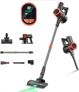 JIGOO - C200 Cordless Vacuum Cleaner, 350W Stick Vacuum with LED, 23KPa Suction, 40min Runtime, for Hard Floor, Carpet, Pet Hair - Gray/Red