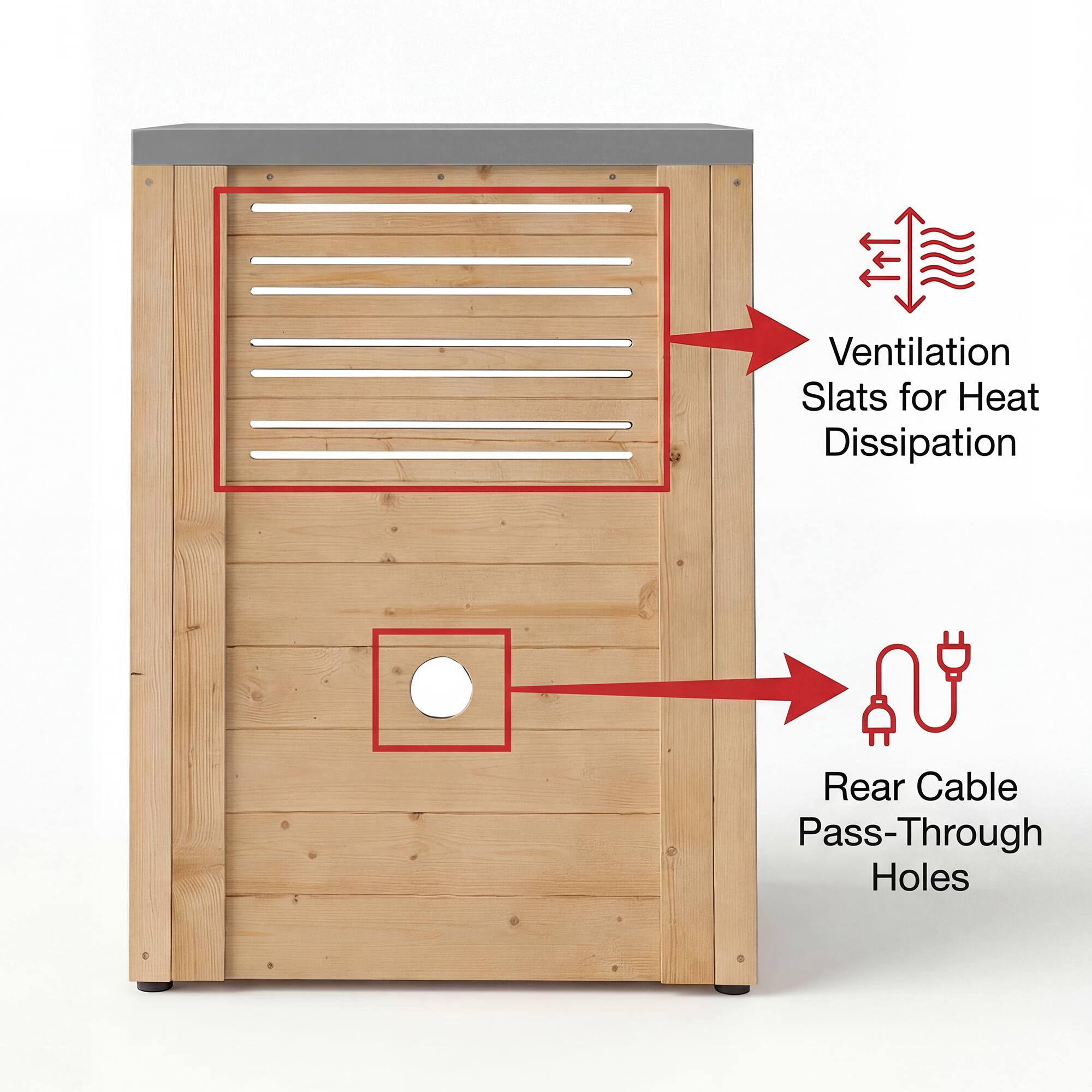 Ventilation Slats for Heat Dissipation  
Rear Cable Pass-Through Holes