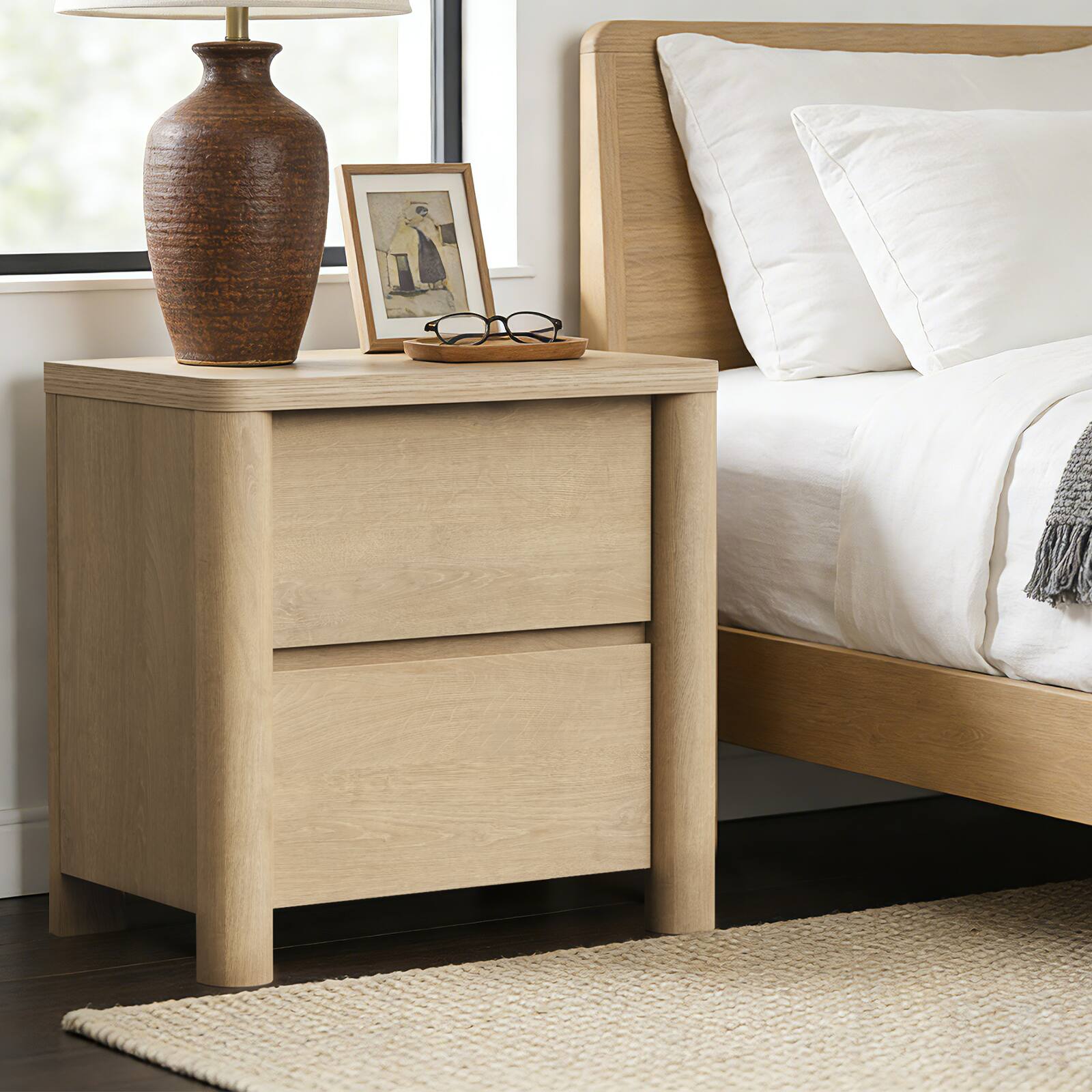Front. ModernMate - Nightstand with 2 Drawers Curved Modern 25.6"W Nightstand End Table for Bedroom Living Room - Natural Oak.