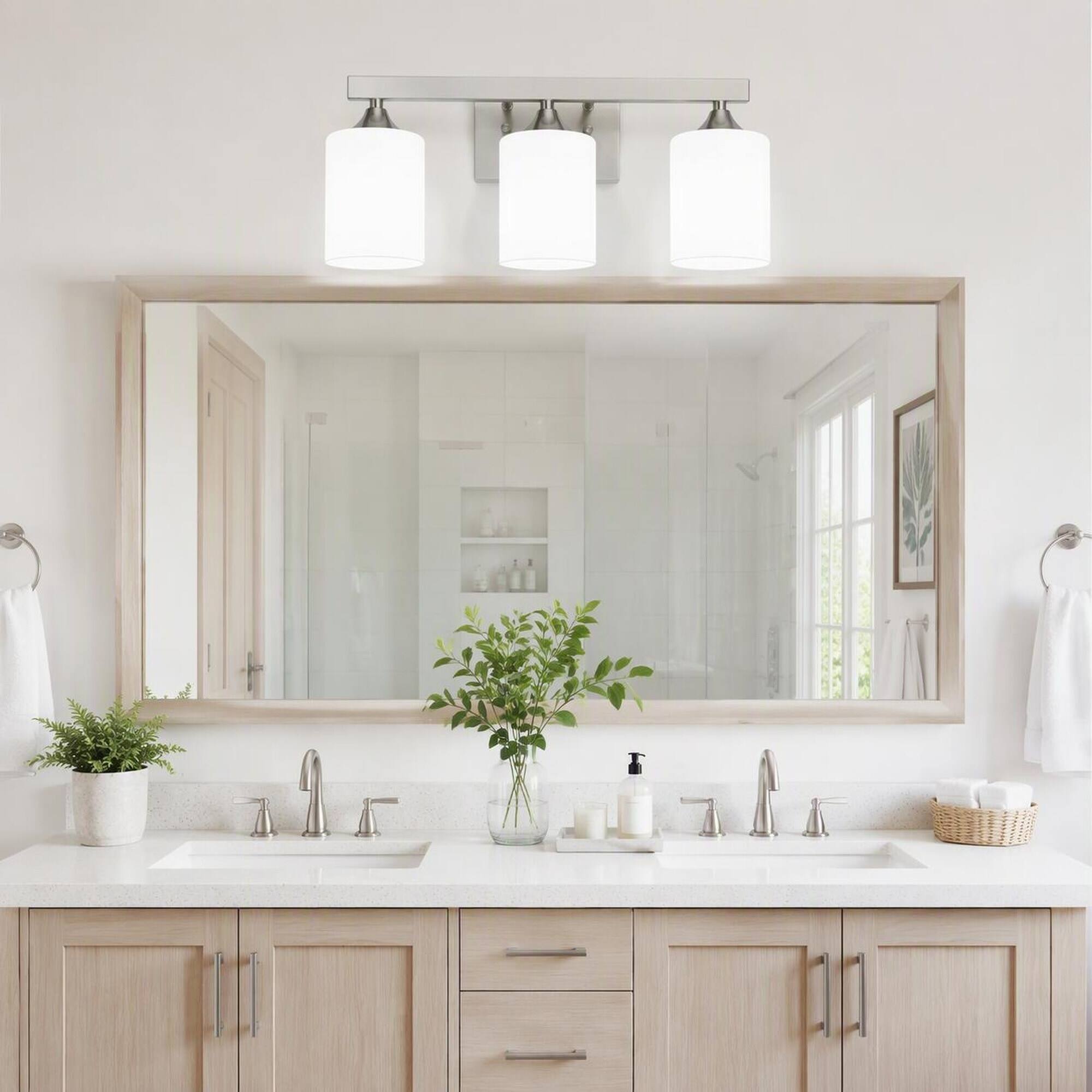 Left. RYHNUYNE - 3-Light Brushed Nickel Bathroom Vanity Light with Frosted Cylinder Shades, Damp-Rated Wall Sconce.