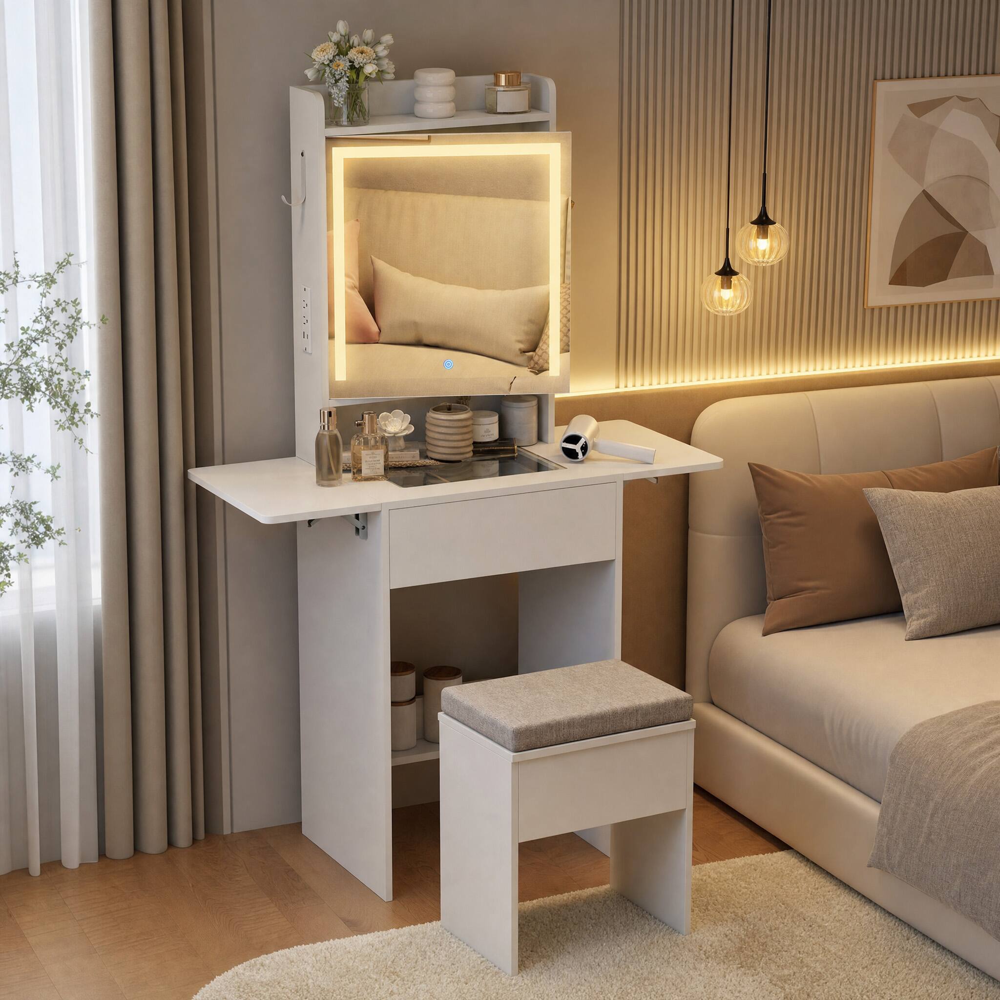 Angle. WELLFOR - Foldable Drop Leaf Makeup Vanity Desk with 3 Color LED Mirror & Charging Hub, Vanity Desk Set with Cushioned Stool - White.