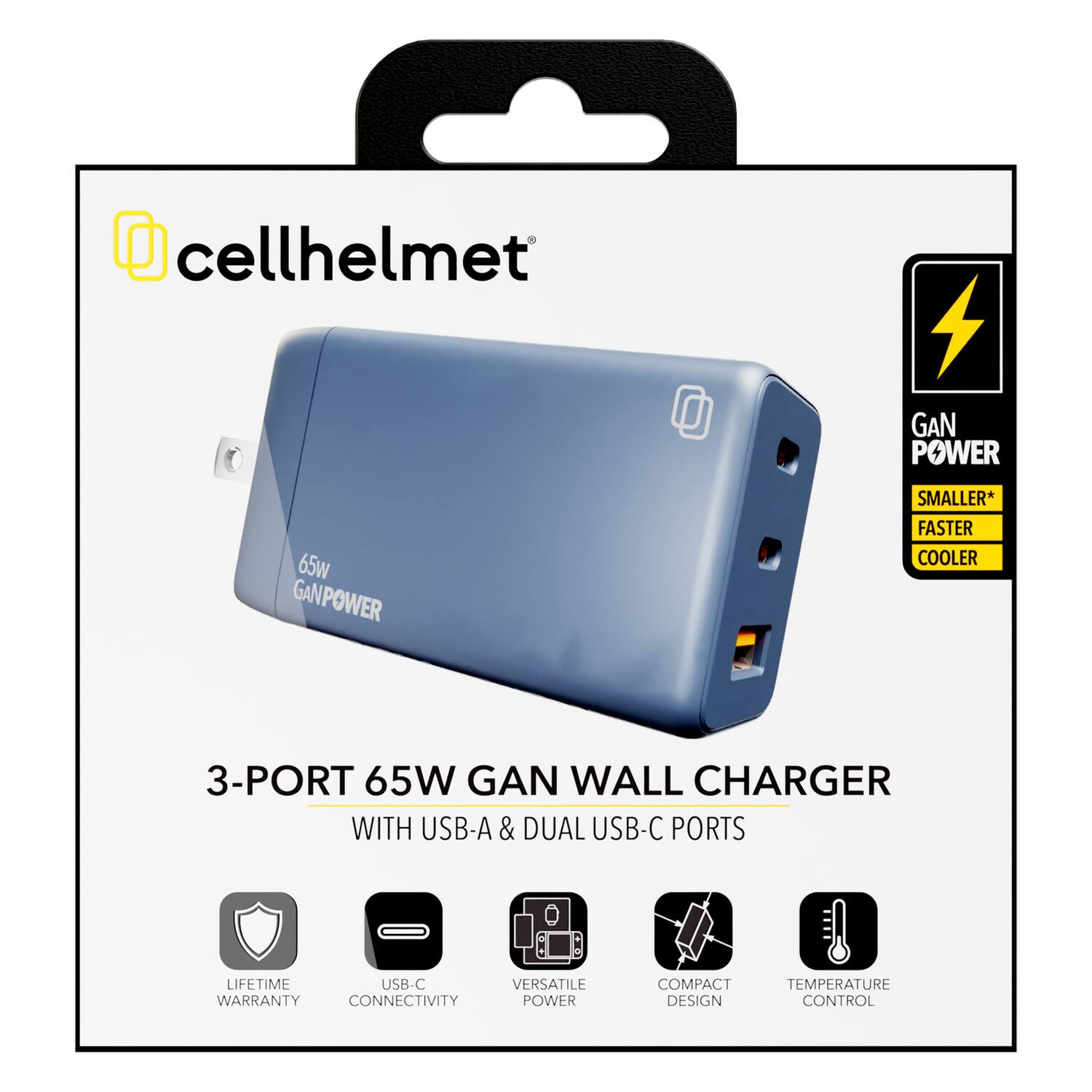 cellhelmet GAN POWER 65W GANPOWER SMALLER* FASTER COOLER 3-PORT 65W GAN WALL CHARGER WITH USB-A & DUAL USB-C PORTS LIFETIME USB-C VERSATILE WARRANTY CONNECTIVITY POWER COMPACT DESIGN TEMPERATURE CONTROL