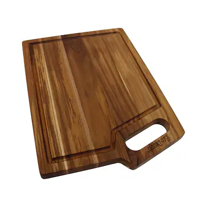Front. EcoDecors - EcoDecors 14"x10" Teak Cutting Board with Juice Groove & Corner Handle - Natural Edge Grain Teak.