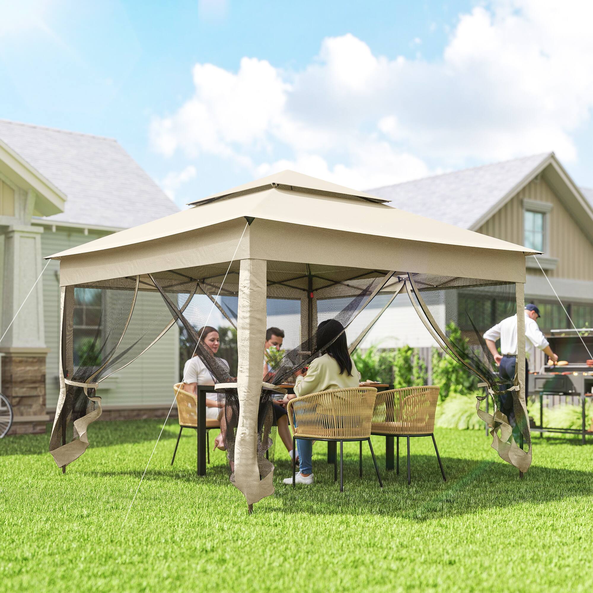 Alt View 1. Outsunny - Outdoor Patio Pop Up Canopy Gazebo Shelter with Zipper Netting, Carry Bag - Beige.
