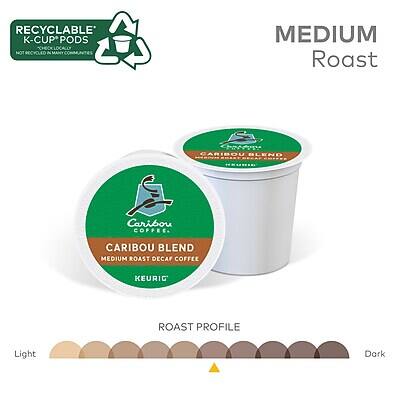 RECYCLABLE K-CUP PODS  
NOT RECYCLED IN MANY MEDIUM ROAST  

CARIBOU BLEND  
MEDIUM ROAST DECAF COFFEE  
KEURIG  

ROAST PROFILE  
Light  
Medium  
Dark  

MEDIUM Roast