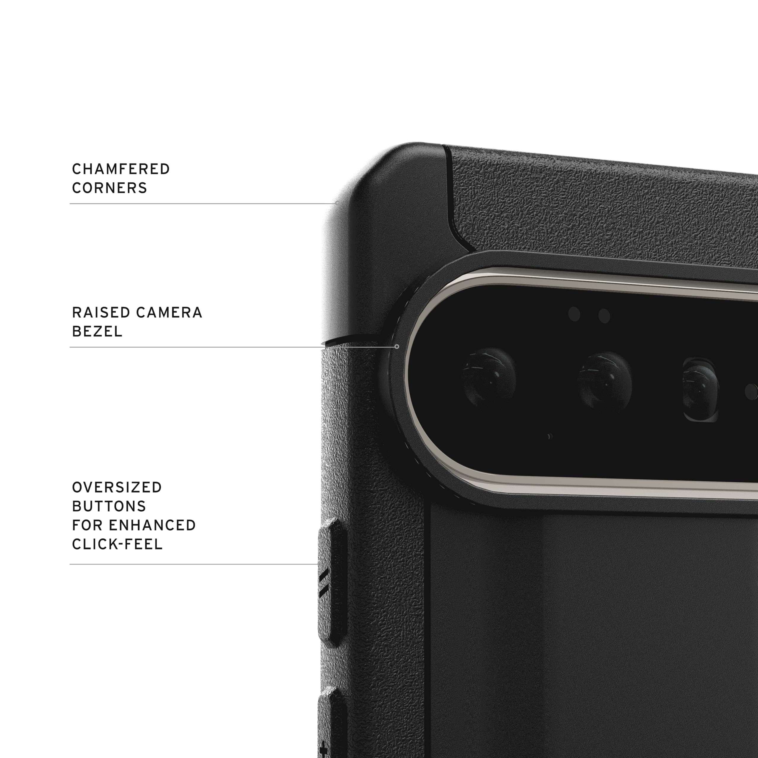 CHAMFERED CORNERS  
RAISED CAMERA BEZEL  
OVERSIZED BUTTONS FOR ENHANCED CLICK-FEEL
