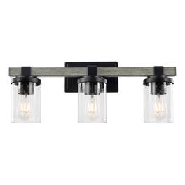 Jonathan Y - Bungalow 22.75" 3-Light Iron/Seeded Glass Rustic Farmhouse LED Vanity Light - Black/Gray Oak Wood Finish