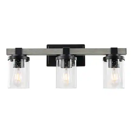 Jonathan Y - Bungalow 22.75" 3-Light Iron/Seeded Glass Rustic Farmhouse LED Vanity Light - Black/Gray Oak Wood Finish