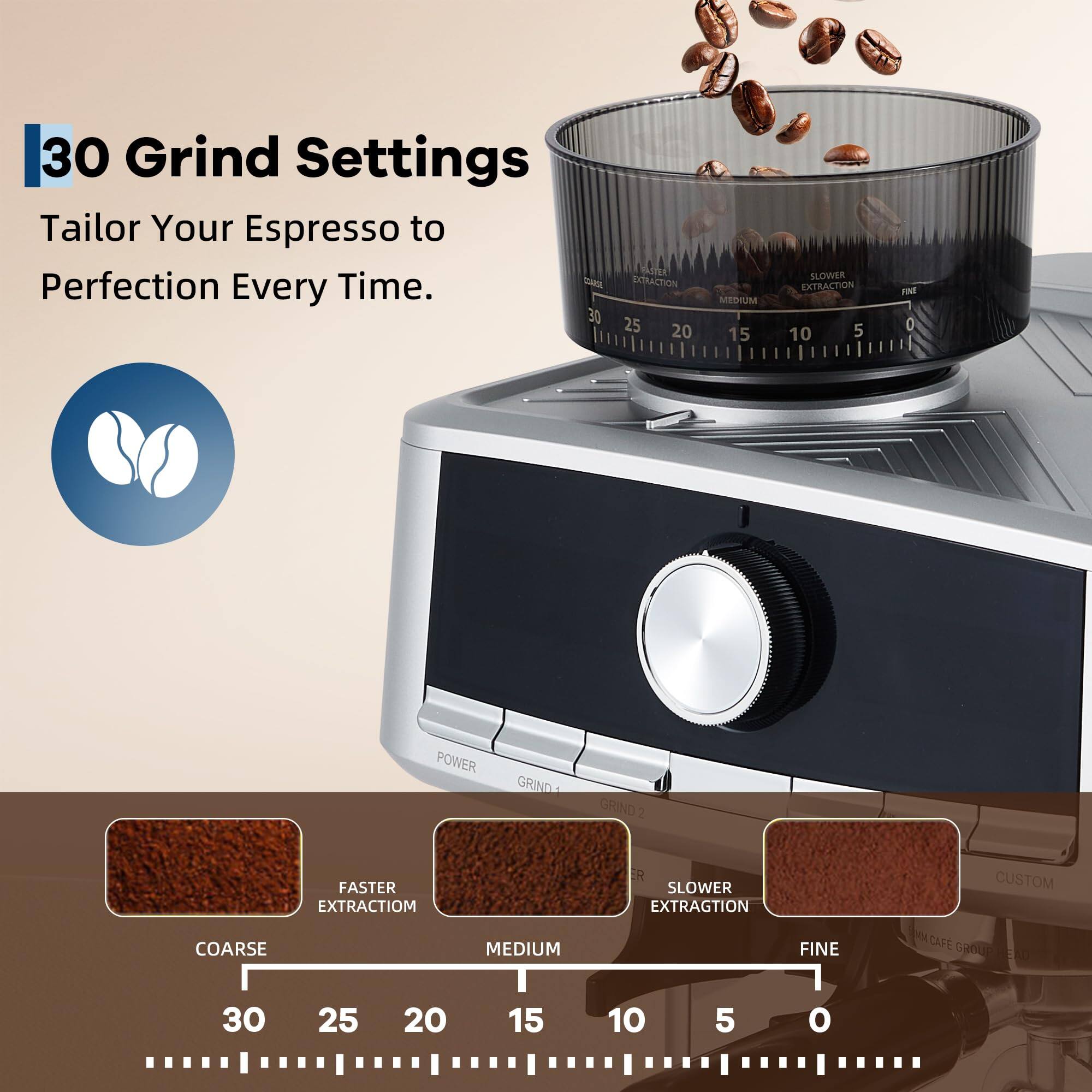 30 Grind Settings  
Tailor Your Espresso to Perfection Every Time.

30 25 20 15 10 5 0  
POWER  
GRIND  
FASTER EXTRACTION  
COARSE  
MEDIUM  
SLOWER EXTRACTION  
FINE  
CUSTOM