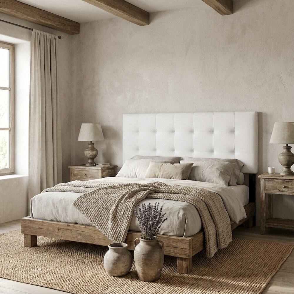 Angle. FurniFact - Upholstered Vinyl King Headboard with Padded Design and Durable Finish - White.
