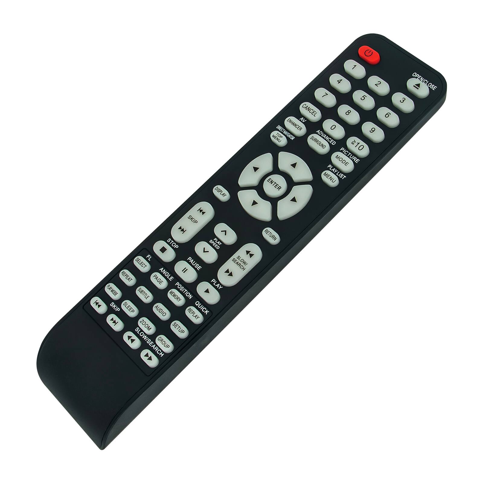 DISPLAY  
[44 SKIP > STOP SPEED FLAY > FL SLOW SELECT PAUSE SEARCH II REPEAT PAGE ANGLE PURMODE POSITION PLAY RETTLE NEMORY SKIP SLEEP QUICK AUDIO REPLAY ZOOM SETUP SLOW/SEARCH GROUP G 1 4 2 7 5 CANCEL 8 6 AV CNRANCER 0 9 MENU TP RECTMAVDATO ADVANCED BURROUND BV 0 MODE PICTURE PLAYLIST PLAY MENU ENTER RETURN OPEN/LOSE 3