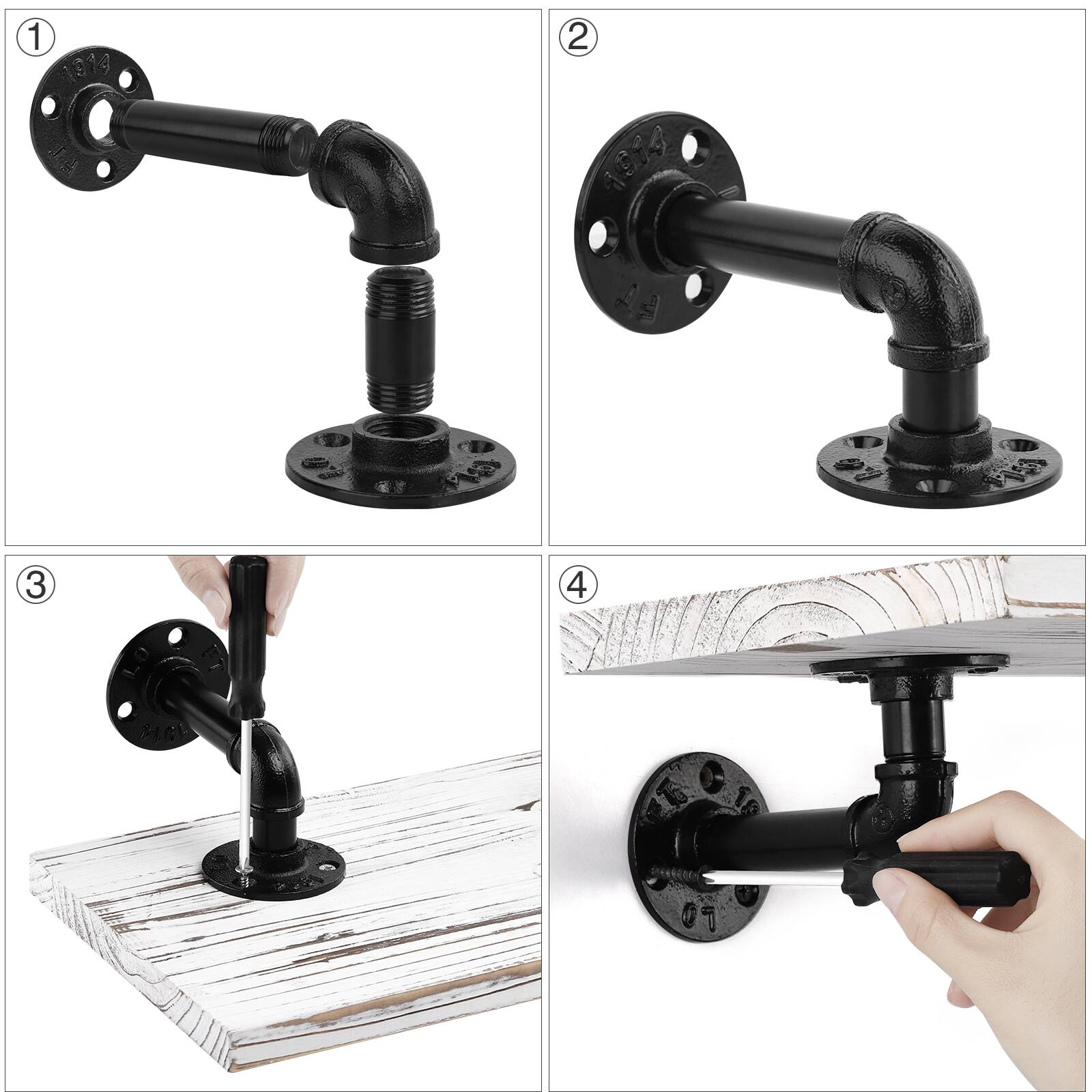 Back. Oumilen - Set of 2 Whitewashed Floating Shelves with Industrial Pipe Brackets - Whitewashed.