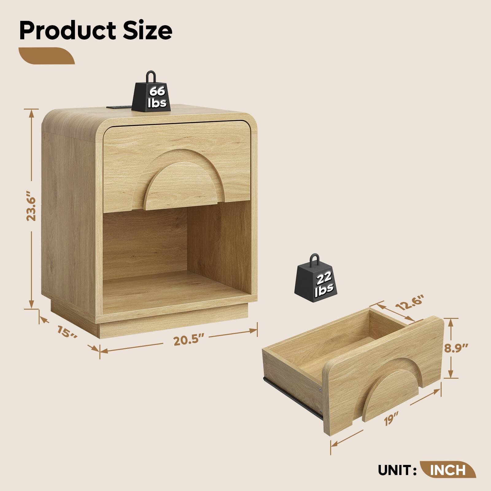 Product Size

- 66 lbs
  - Height: 23.6"
  - Depth: 15"
  - Width: 20.5"

- 22 lbs
  - Height: 12.6"
  - Depth: 8.9"
  - Width: 19"

UNIT: INCH