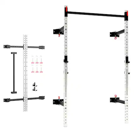 Front. Soozier - Folding Squat Rack with Adjustable Pull-Up Bar, 1000 Pounds Capacity Wall Mounted Power Rack, Adjustable Barbell Rack - White.