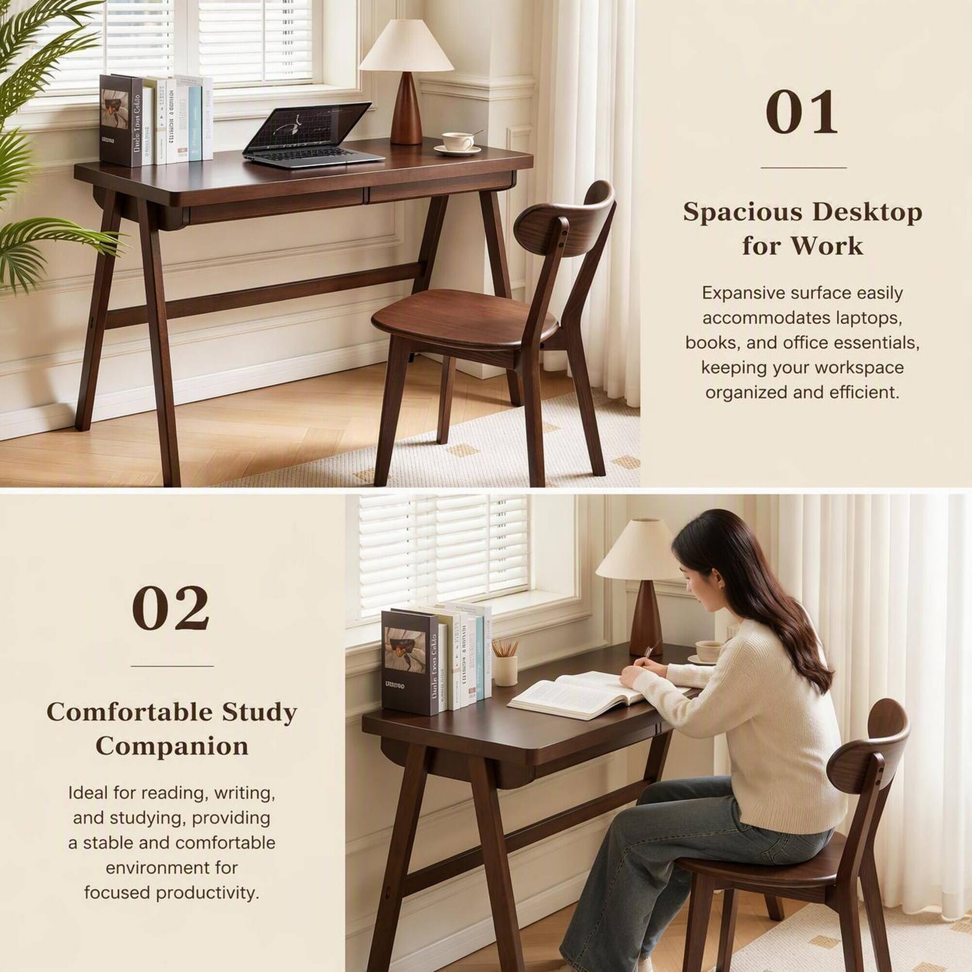 01
Spacious Desktop for Work
Expansive surface easily accommodates laptops, books, and office essentials, keeping your workspace organized and efficient.

02
Comfortable Study Companion
Ideal for reading, writing, and studying, providing a stable and comfortable environment for focused productivity.