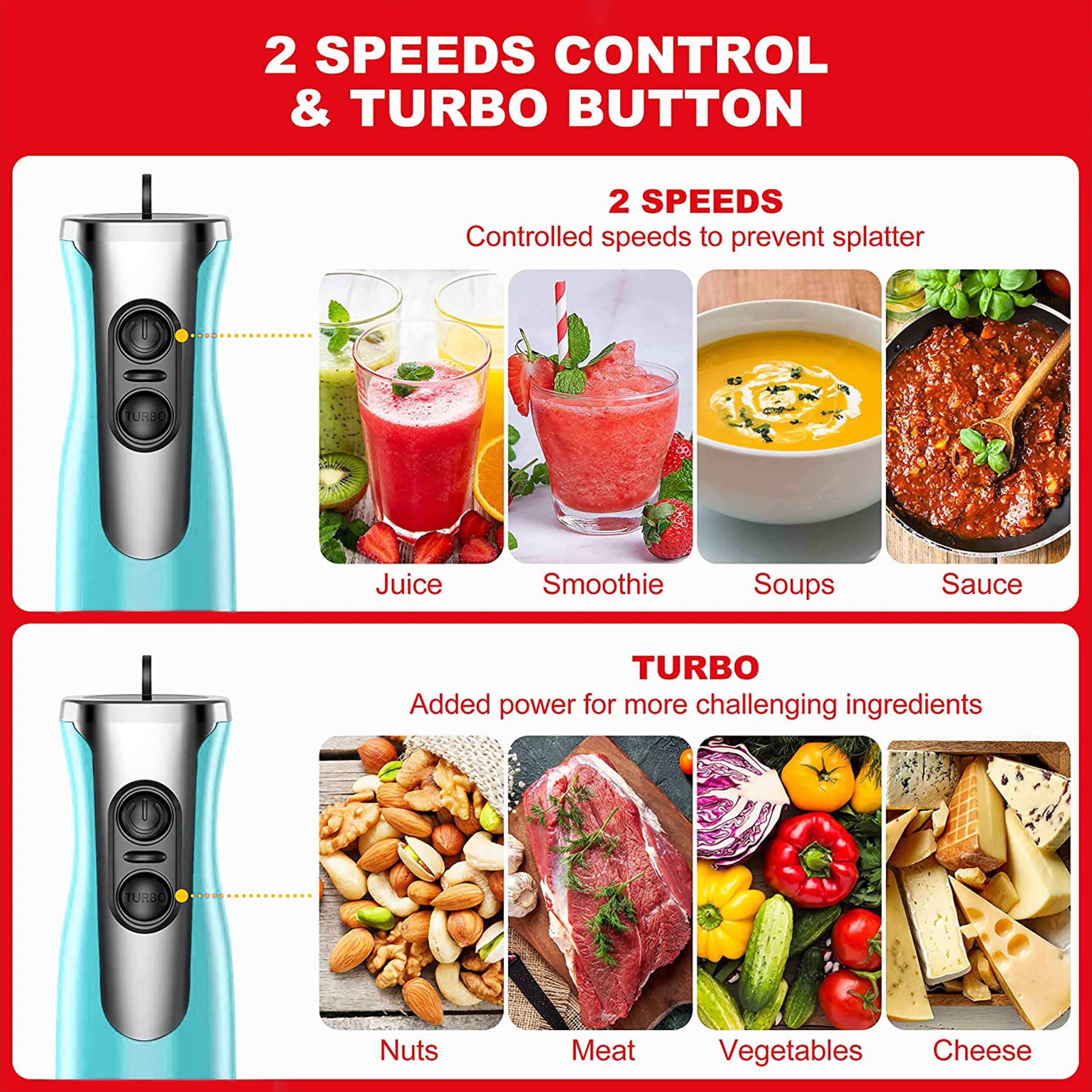 2 SPEEDS CONTROL & TURBO BUTTON

2 SPEEDS Controlled speeds to prevent splatter

TURBO Added power for more challenging ingredients

Juice
Smoothie
Soups
Sauce
Nuts
Meat
Vegetables
Cheese