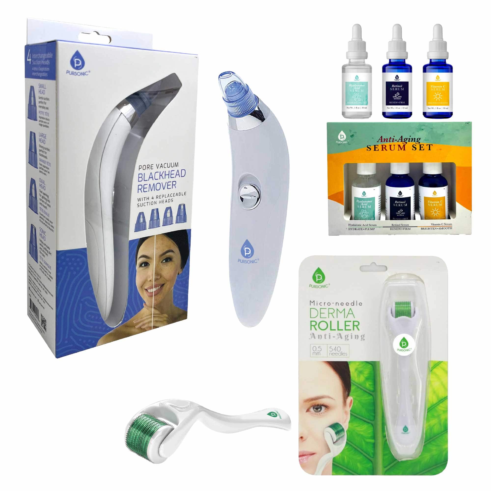 Pursonic - Ultimate Rejuvenation Bundle: Micro Needle Derma Roller, Pore Vacuum Blackhead Remover & 3-Pack Anti-Aging Seru - Multicolor