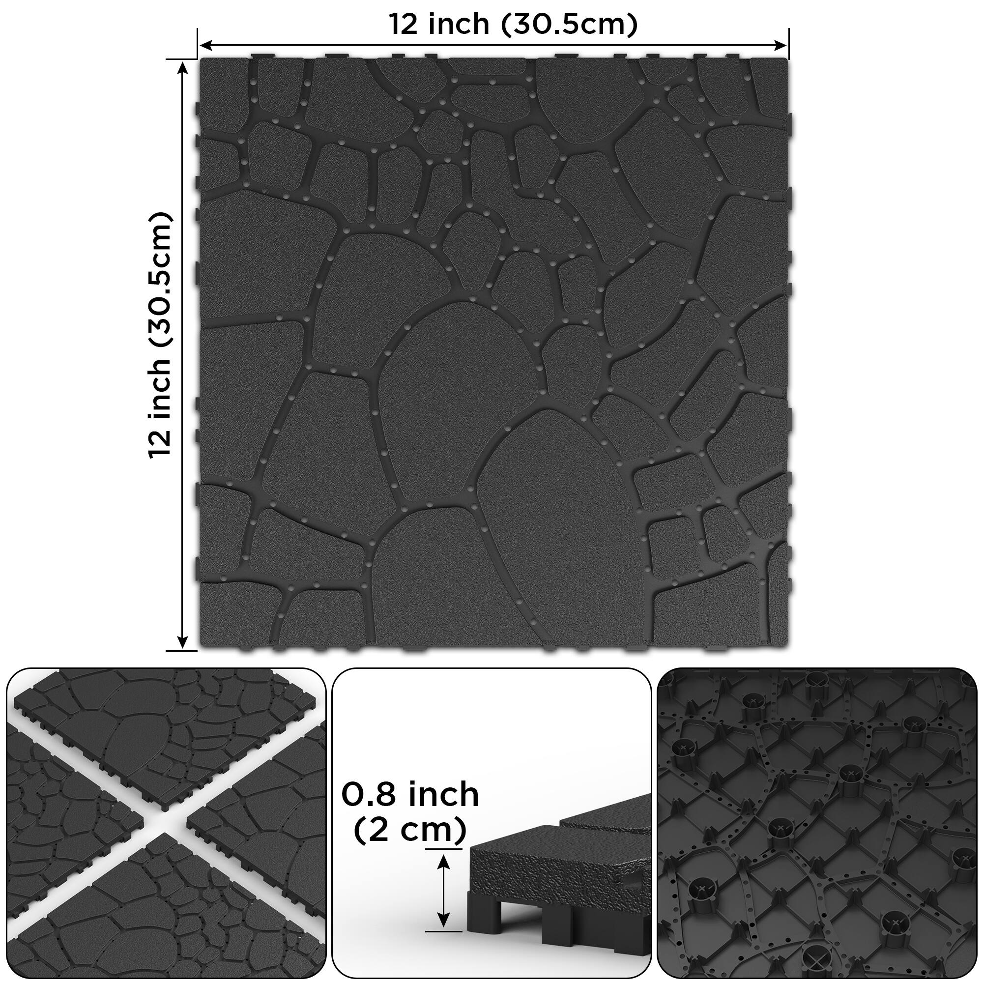 12 inch (30.5 cm) x 12 inch (30.5 cm)  
0.8 inch (2 cm)