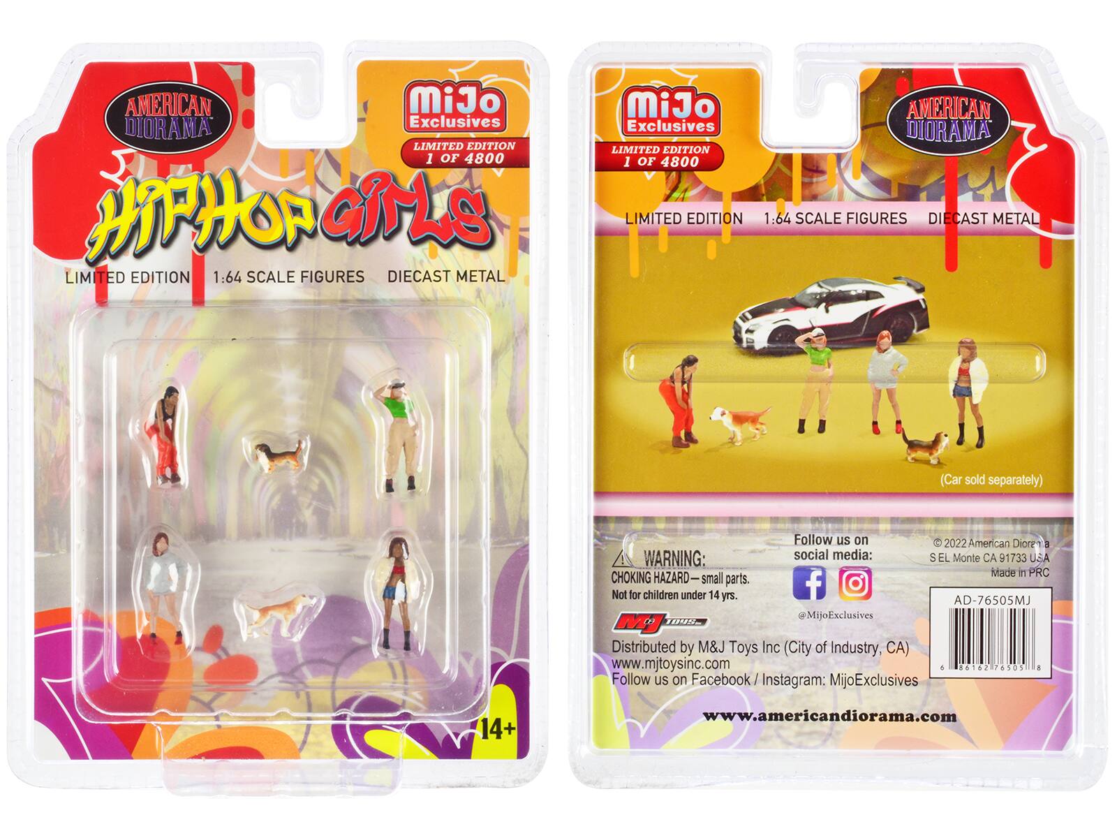 AMERICAN DIORAMA LIMITED EDITION 1 OF 4800 HIPHOP GIRLS LIMITED EDITION 1:64 SCALE FIGURES DIECAST METAL

MiJo AMERICAN Exclusives DIORAMA LIMITED EDITION 1 OF 4800 LIMITED EDITION 1:64 SCALE FIGURES DIECAST METAL

(Car sold separately)

WARNING: CHOKING HAZARD—small parts. Not for children under 14 yrs.

Follow us on social media:
- Facebook: @MijoExclusives
- Instagram: MijoExclusives

Distributed by M&J Toys Inc (City of Industry, CA)
www.mjtoysinc.com

www.americandiorama.com

2022 American Diorama
S EL Monte CA 91733 USA
Made in PRC

AD-76505MJ