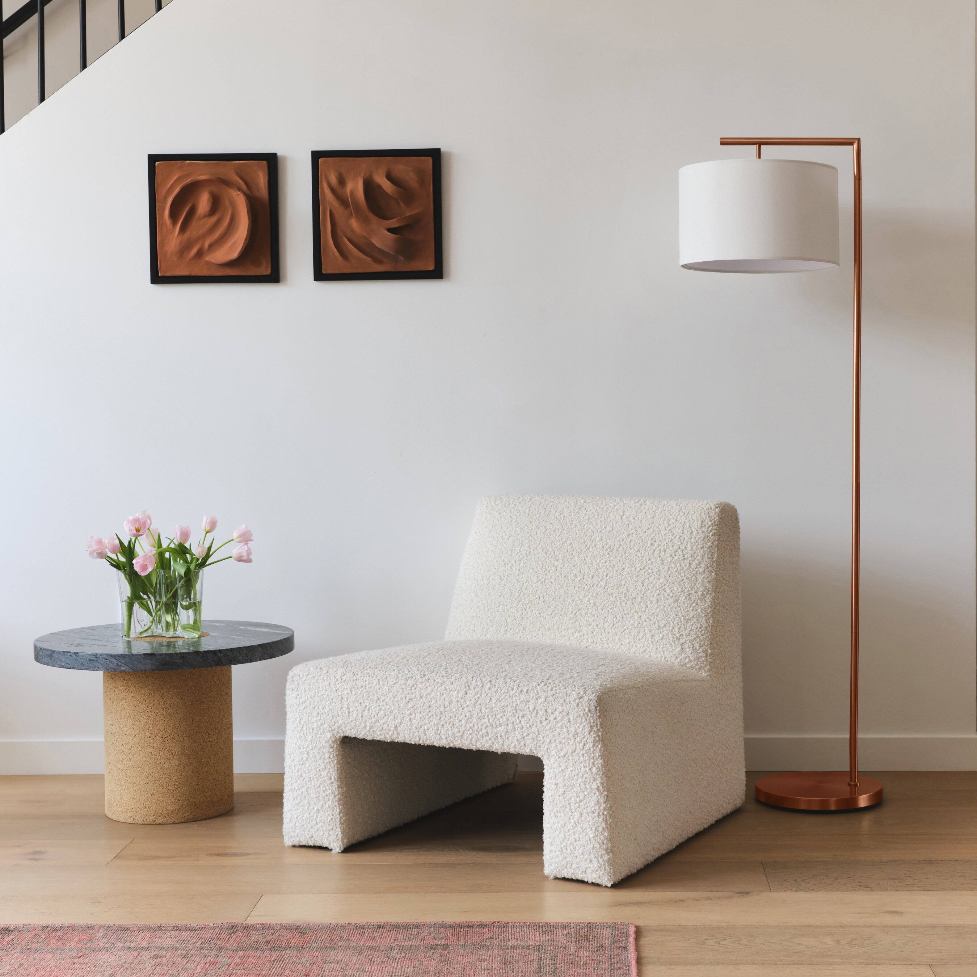 Alt View 4. Brightech - Montage Modern LED Midcentury Modern Arc Super Bright Floor Lamp with Ivory White Fabric Drum Shade - Glossy Rose Gold.