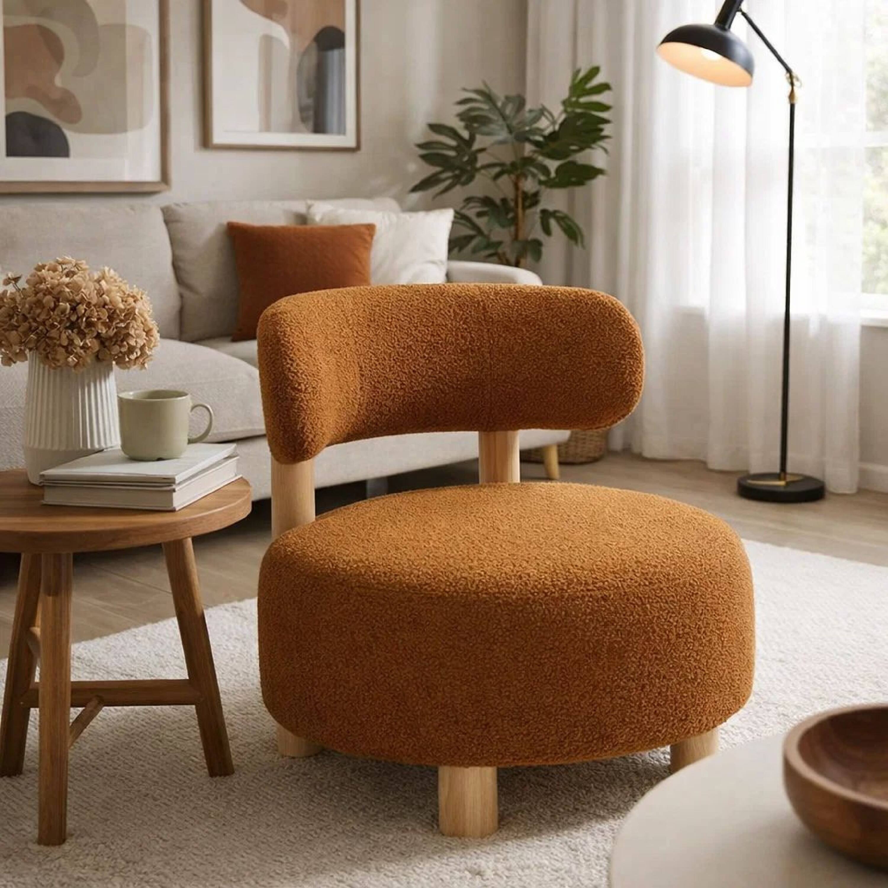Alt View 5. Manhattan Lane - Zona Accent Chair, Barrel Back, Orange Boucle Fabric and Brown Wood - Orange, Brown.
