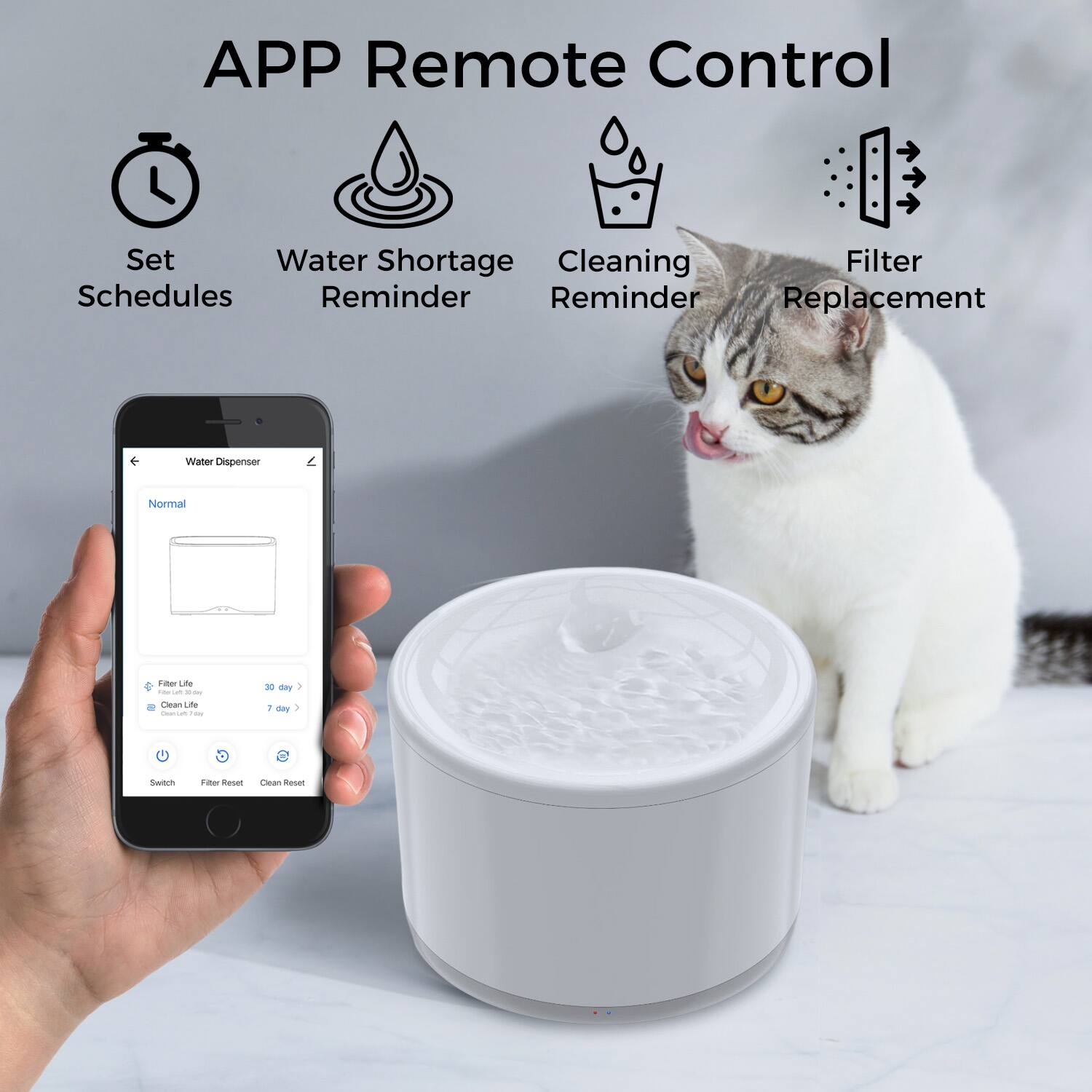 APP Remote Control

- Set Schedules
- Water Shortage Reminder
- Cleaning Reminder
- Filter Replacement

Water Dispenser

- Normal
- Filter Life: 30 day
- Clean Life: 7 day

Switch
Filter Reset
Clean Reset