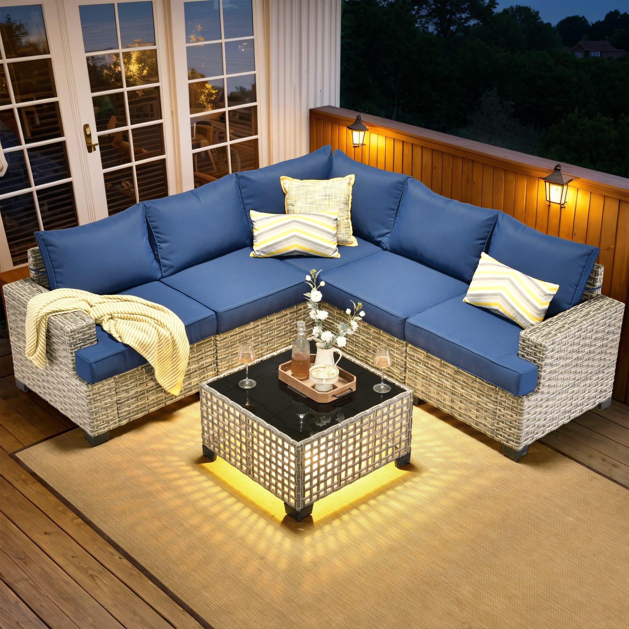 Ovios - 6 PCS Patio Sectional Furniture, Rattan Wicker Conversation Couch Set with Coffee Table - Navy Blue