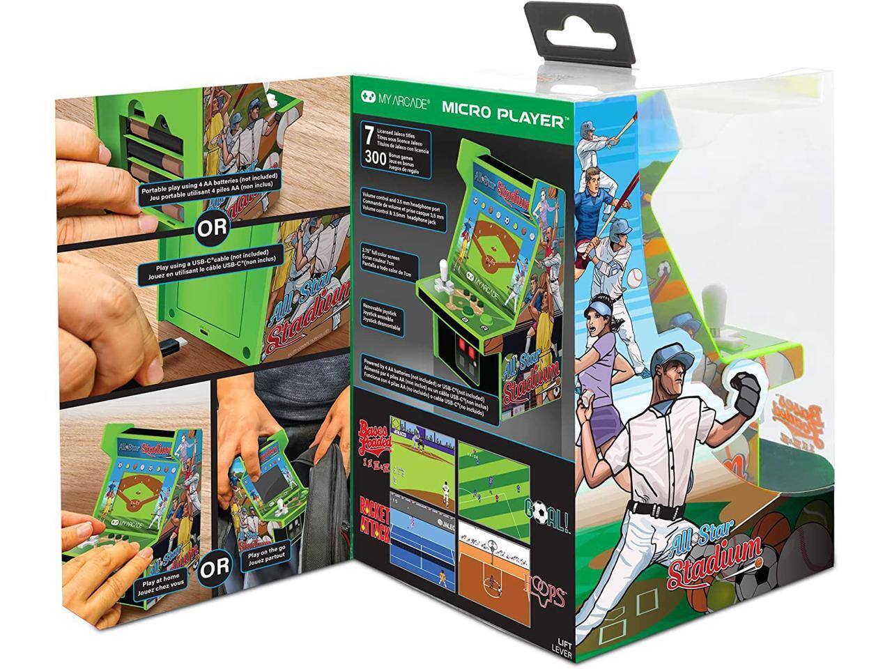 MY ARCADE MICRO PLAYER

7 Licensed Arcade Games  
300+ Levels of Arcade Fun

Portable play using 4 AA batteries (not included)  
Jeu portable utilisant 4 piles AA (non inclus)

OR

Play using a USB-C cable (not included)  
Jouez en utilisant le câble USB-C (non inclus)

All Star Stadium

Volume control and 3.5mm headphone port  
Contrôle du volume et port casque 3.5mm

2.7" color screen  
Écran couleur de 2.7"

Nemesis joystick  
Joystick Nemesis

Play at home  
Jouez chez vous

OR

Play on the go  
Jouez partout

All Star Stadium

Baseball  
Basketball  
Racket Attack  
Soccer  
Hops

LIFT LEVER