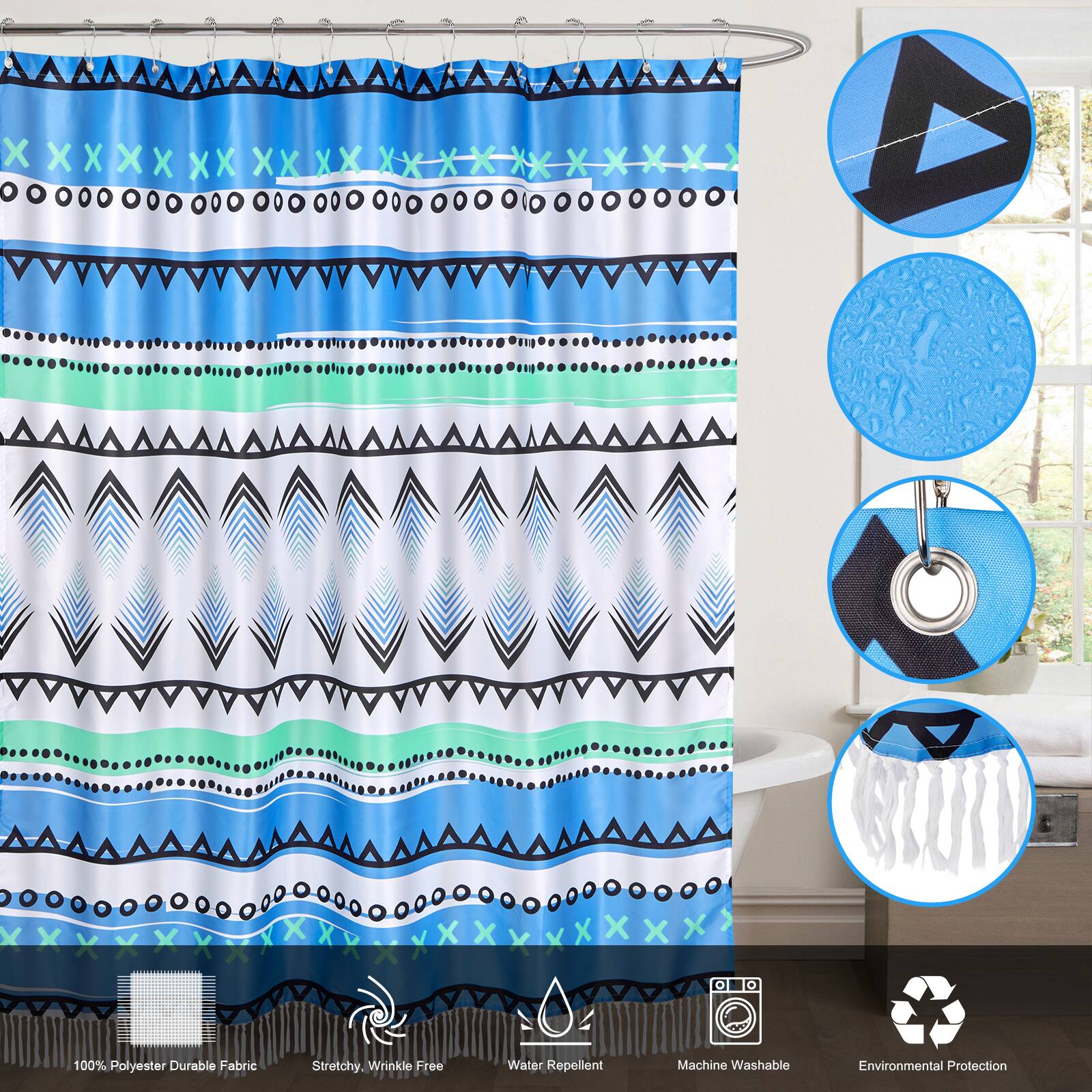 100% Polyester Durable Fabric  
Stretchy, Wrinkle Free  
Water Repellent  
Machine Washable  
Environmental Protection