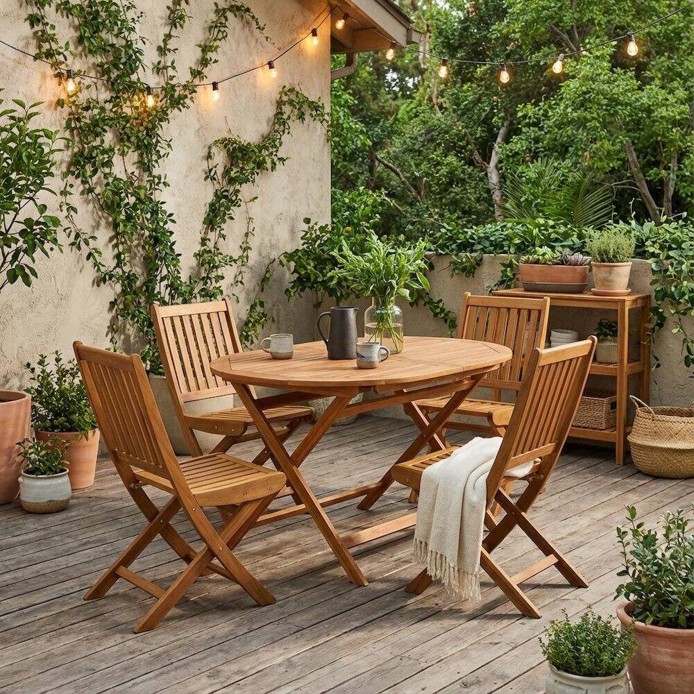 Alt View 3. Outdoor Escape - 7-Piece Outdoor Table Set Wood Oil Finish with 6 Folding Chairs - Natural Oil.