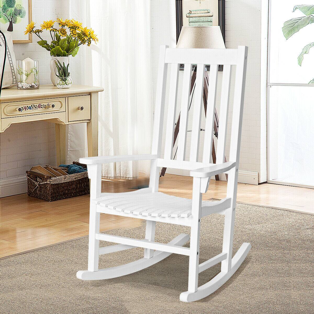 Alt View 1. Costway - Costway Wooden Rocking Chair Porch Rocker High Back Garden Seat For Indoor Outdoor - White.