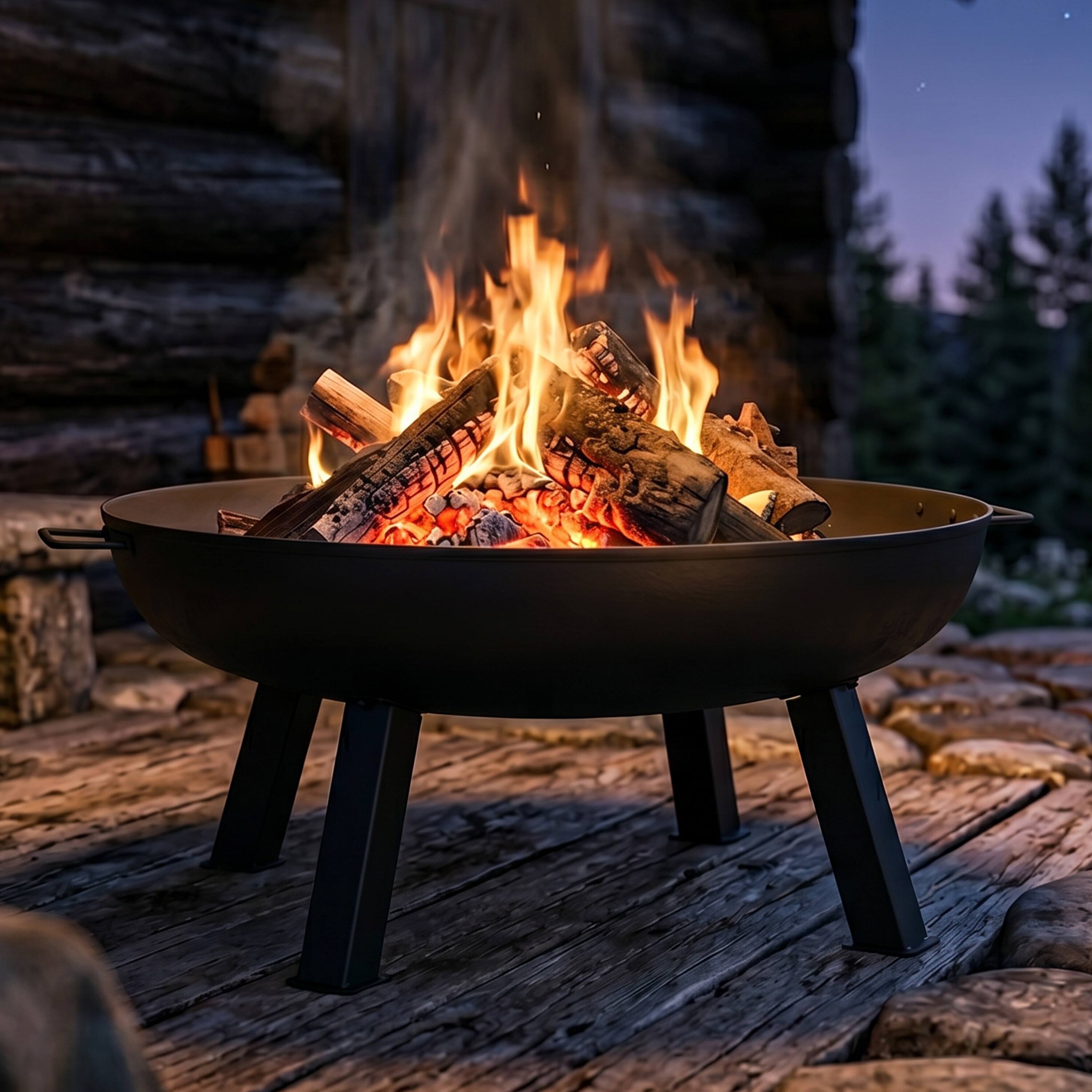 Alt View 2. Sunnydaze - 34 in Rustic Cast Iron Outdoor Raised Fire Pit Bowl - Black.