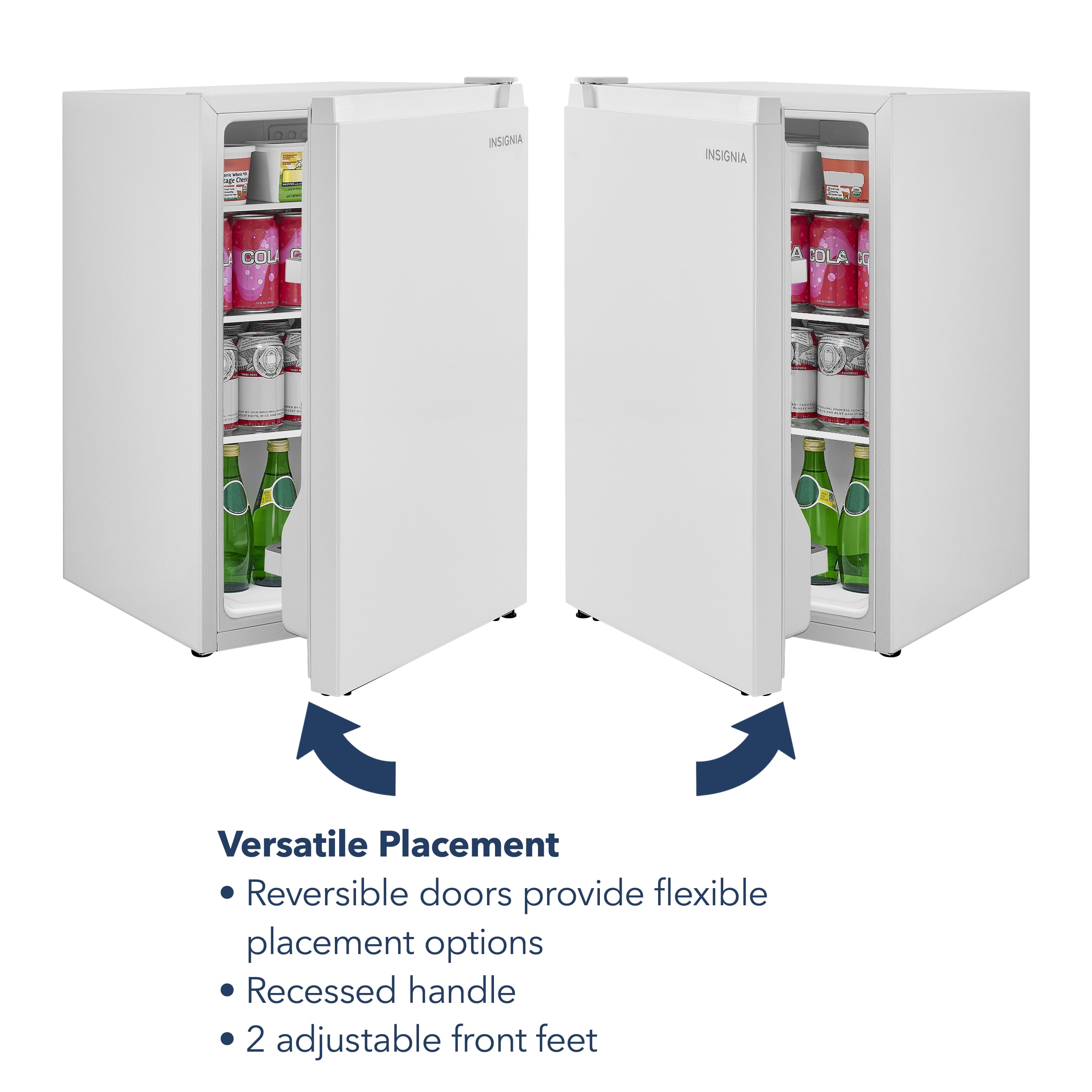 Versatile Placement: Reversible doors provide flexible placement options. Recessed handle. 2 adjustable front feet.
